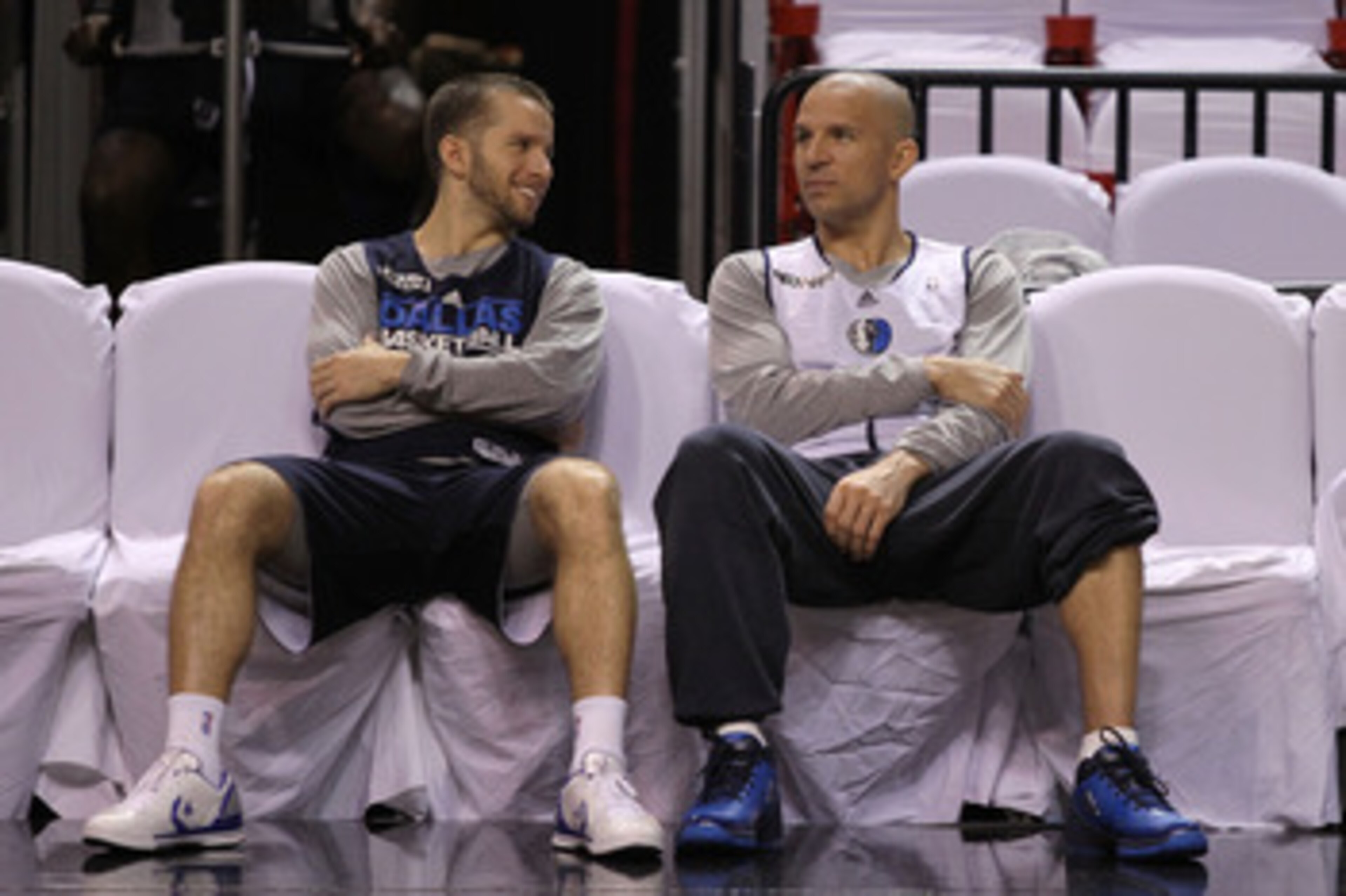 MIAMI, FL - JUNE 11:  Jose Juan Barea #11 and Jason Kidd #2 (R) of the Dallas Mavericks talk on court during practice prior to Game 6 of the 2011 NBA Finals against the Miami Heat at the American Airlines Arena on June 11, 2011 in miami, Florida. Game 6 w