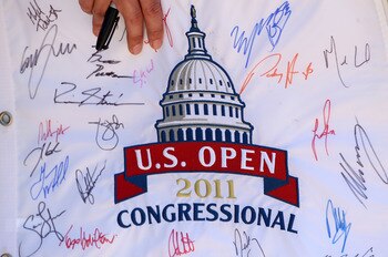 BETHESDA, MD - JUNE 15:  A flag with autographs is seen during a practice round prior to the start of the 111th U.S. Open at Congressional Country Club on June 15, 2011 in Bethesda, Maryland.  (Photo by Andrew Redington/Getty Images)
