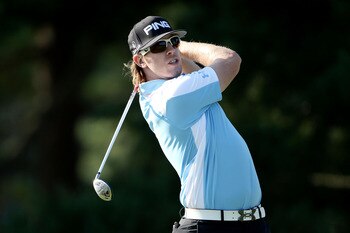 BETHESDA, MD - JUNE 14:   Hunter Mahan watches a shot during a practice round prior to the start of the 111th U.S. Open at Congressional Country Club on June 14, 2011 in Bethesda, Maryland.  (Photo by Andrew Redington/Getty Images)