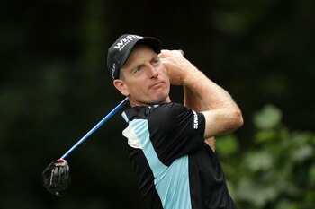 BETHESDA, MD - JUNE 14:  Jim Furyk hits a shot during a practice round prior to the start of the 111th U.S. Open at Congressional Country Club on June 14, 2011 in Bethesda, Maryland.  (Photo by Ross Kinnaird/Getty Images)