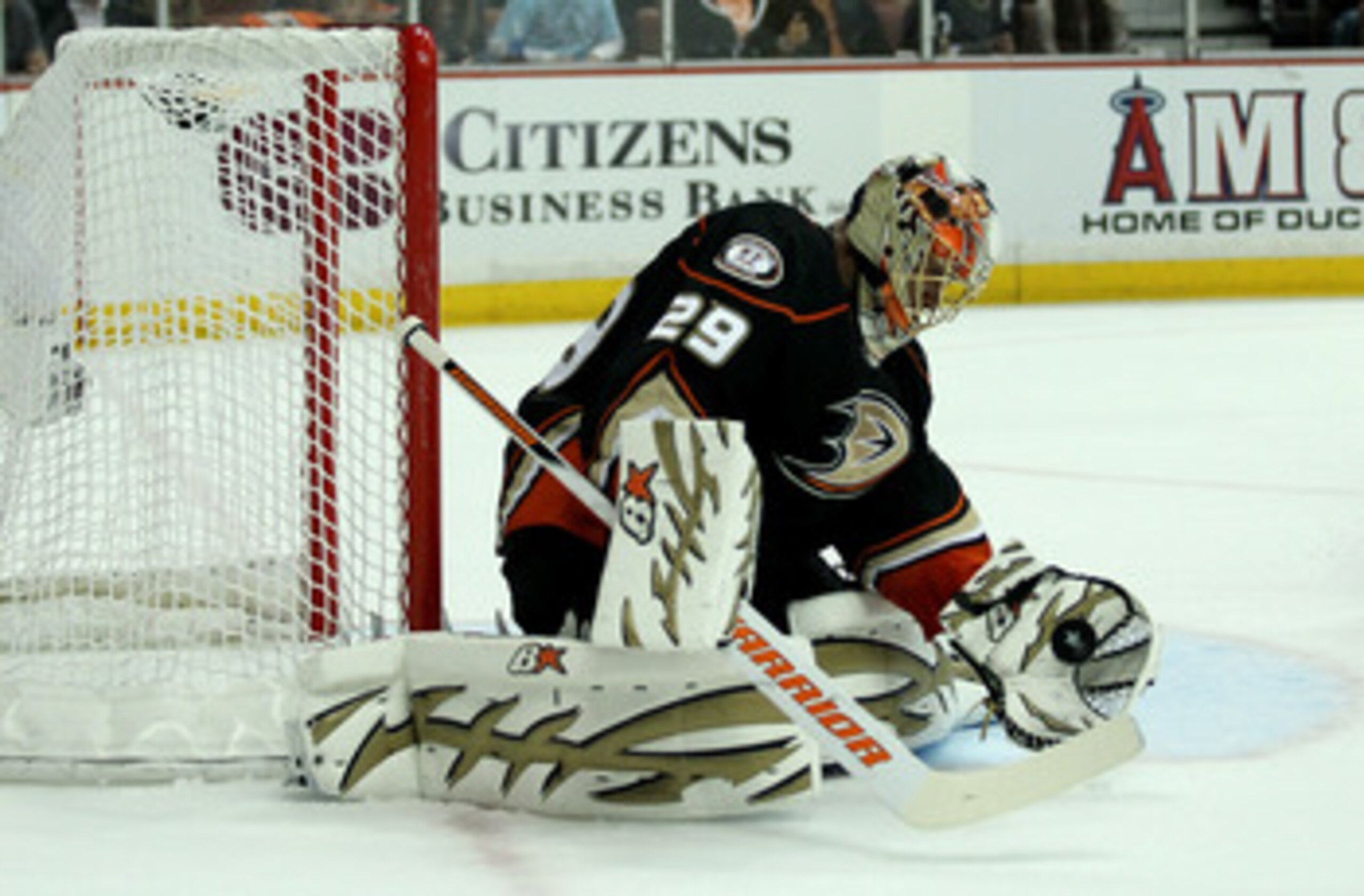 ANAHEIM - APRIL 22:  Goalie Ray Emery #29 of the Anaheim Ducks makes a save against the Nashville Predators in Game Five of the Western Conference Quarterfinals during the 2011 NHL Stanley Cup Playoffs at Honda Center on April 22, 2011 in Anaheim, Califor