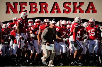 LINCOLN, NE - OCTOBER 30: Coach Bo Pelini  leads his Nebraska Cornhusker football team on the field against the Missouri Tigers at Memorial Stadium on October 30, 2010 in Lincoln, Nebraska. Nebraska Defeated Missouri 31-17. (Photo by Eric Francis/Getty Im