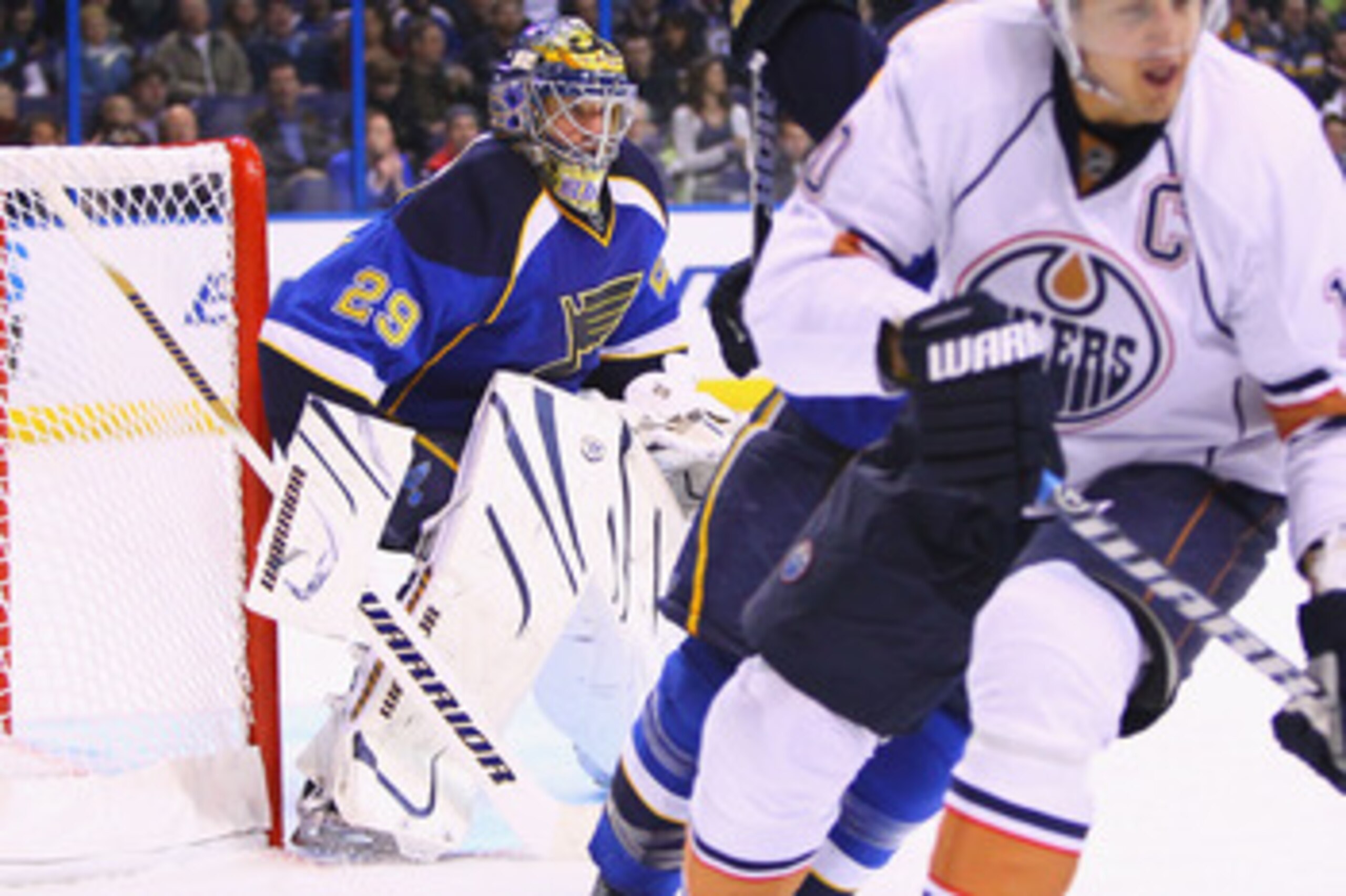 ST. LOUIS, MO - FEBRUARY 4: Ty Conklin #29 of the St. Louis Blues looks to make a save against the Edmonton Oilers at the Scottrade Center on February 4, 2011 in St. Louis, Missouri.  (Photo by Dilip Vishwanat/Getty Images)