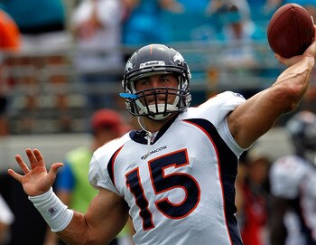 JACKSONVILLE, FL - SEPTEMBER 12:  Quarterback Tim Tebow #15 of the Denver Broncos practices prior to the NFL season opener game against the Jacksonville Jaguars at EverBank Field on September 12, 2010 in Jacksonville, Florida.  (Photo by Sam Greenwood/Get