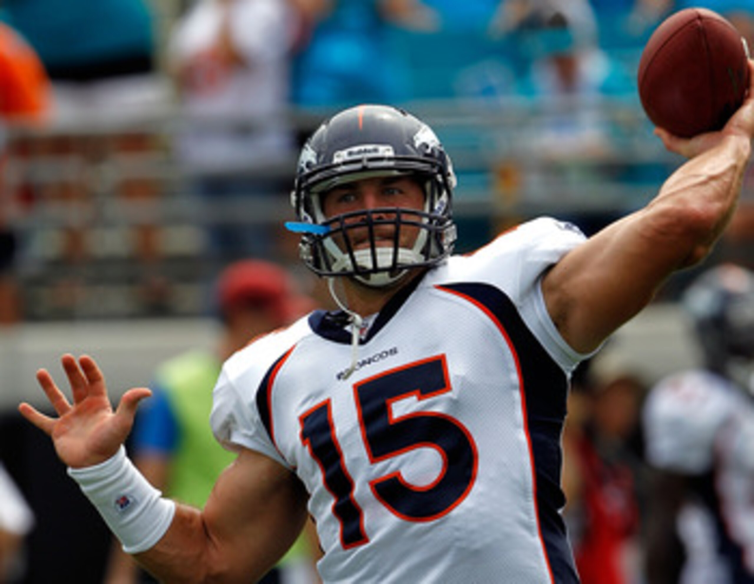JACKSONVILLE, FL - SEPTEMBER 12:  Quarterback Tim Tebow #15 of the Denver Broncos practices prior to the NFL season opener game against the Jacksonville Jaguars at EverBank Field on September 12, 2010 in Jacksonville, Florida.  (Photo by Sam Greenwood/Get