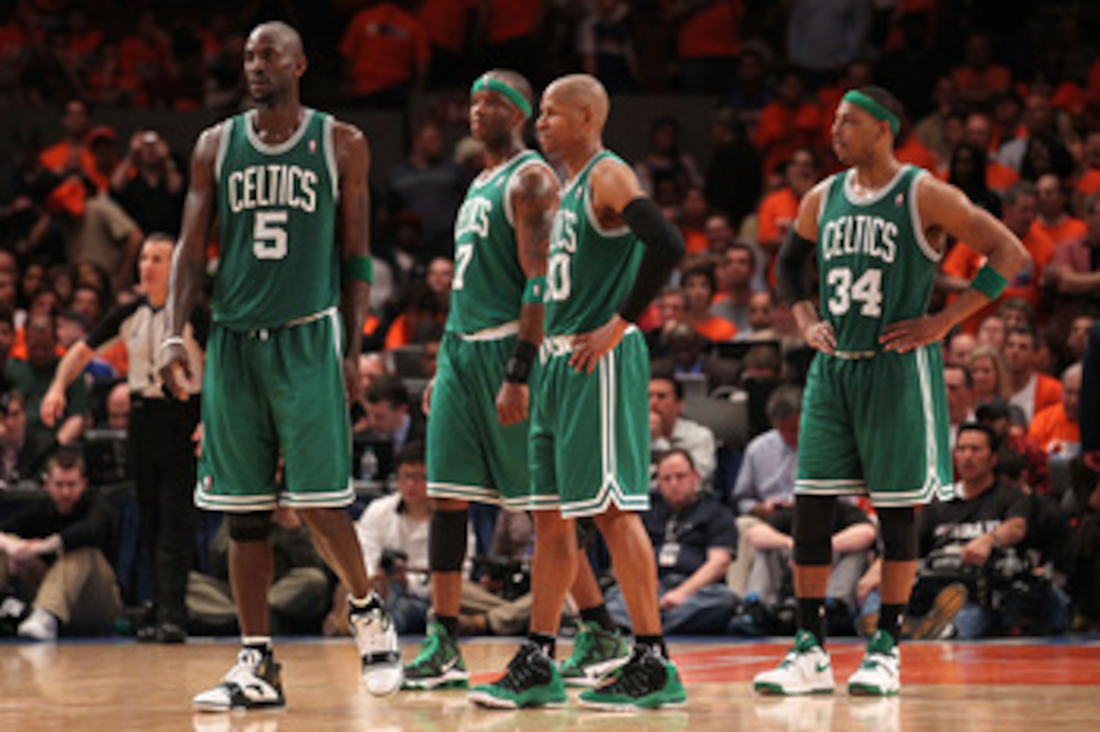 NEW YORK, NY - APRIL 24:  (L-R) Kevin Garnett #5, Jermaine O'Neal #7, Ray Allen #20 and Paul Pierce #34 of the Boston Celtics look on against the New York Knicks in Game Four of the Eastern Conference Quarterfinals during the 2011 NBA Playoffs on April 24