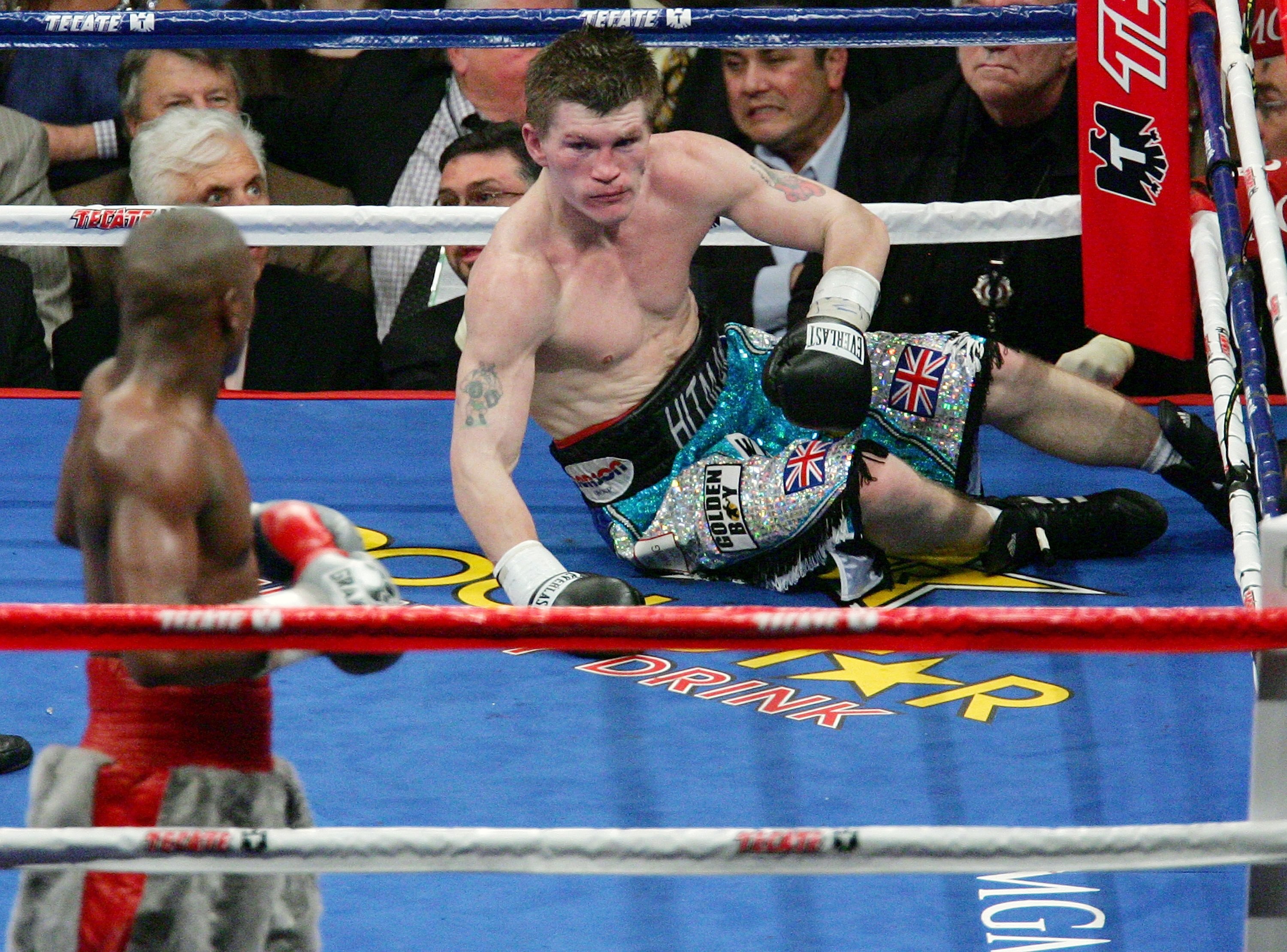 LAS VEGAS - DECEMBER 08:  Ricky Hatton is knocked down in the 10th round by Floyd Mayweather Jr. during their WBC world welterweight championship fight at the MGM Grand Garden Arena on December 8, 2007 in Las Vegas, Nevada.  (Photo by Ethan Miller/Getty I