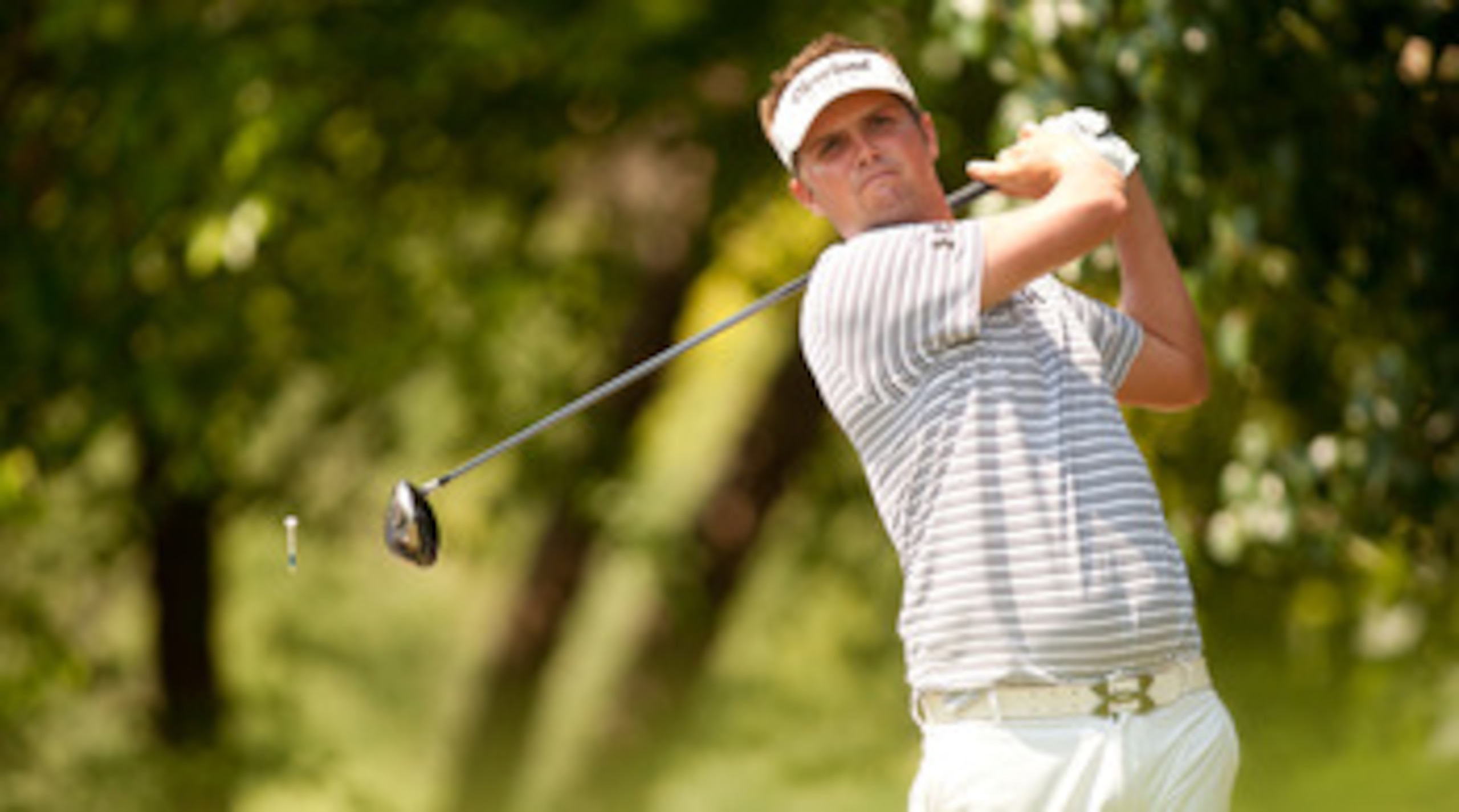 IRVING, TX - MAY 28: Jeff Overton follows through on a tee shot during the third round of the HP Byron Nelson Championship at TPC Four Seasons at Las Colinas on May 28, 2011 in Irving, Texas. (Photo by Darren Carroll/Getty Images)
