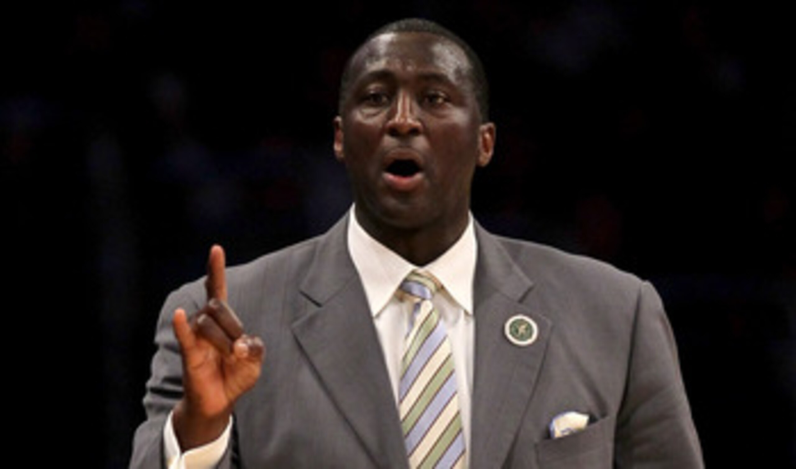 LOS ANGELES, CA - APRIL 5:  Head coach Tyrone Corbin of the Utah Jazz makes a point to an official in the game with the Los Angeles Lakers at Staples Center on April 5, 2011 in Los Angeles, California. The Jazz won 86-85.  NOTE TO USER: User expressly ack