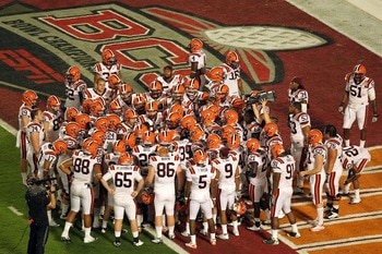 MIAMI, FL - JANUARY 03:  The Virginia Tech Hokies huddel in the endzone prior to playing against the Stanford Cardinal during the 2011 Discover Orange Bowl at Sun Life Stadium on January 3, 2011 in Miami, Florida. Stanford won 40-12. (Photo by Mike Ehrman