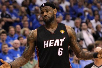DALLAS, TX - JUNE 09:  LeBron James #6 of the Miami Heat reacts in the second quarter while taking on the Dallas Mavericks in Game Five of the 2011 NBA Finals at American Airlines Center on June 9, 2011 in Dallas, Texas.  NOTE TO USER: User expressly ackn
