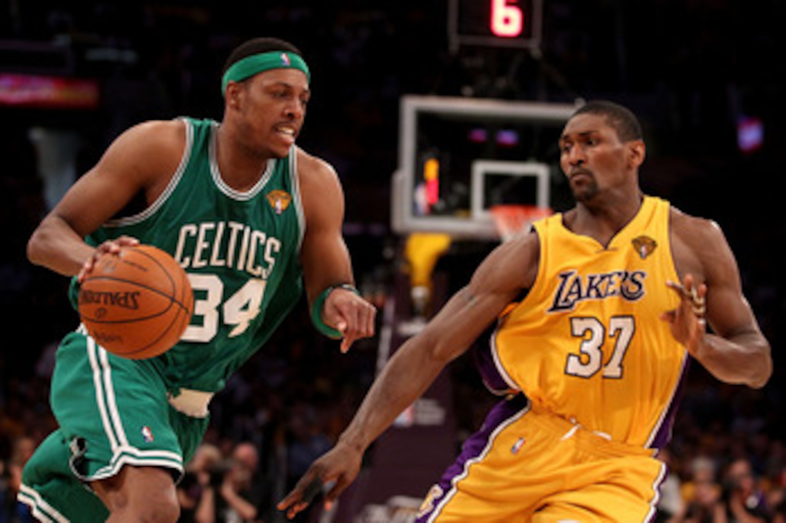 LOS ANGELES, CA - JUNE 17:  Paul Pierce #34 of the Boston Celtics drives past Ron Artest #37 of the Los Angeles Lakers in Game Seven of the 2010 NBA Finals at Staples Center on June 17, 2010 in Los Angeles, California.  NOTE TO USER: User expressly acknow