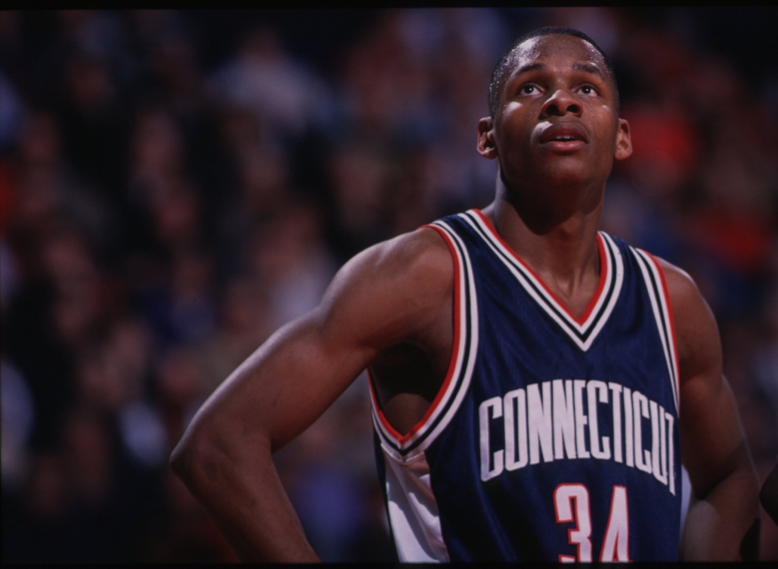 21 Feb 1996: Ray Allen #34 of UCONN during the Huskies first Big East loss in a 77-65 defeat to the Georgetown Hoyas at the U.S. Air Arena in Landover, Maryland.