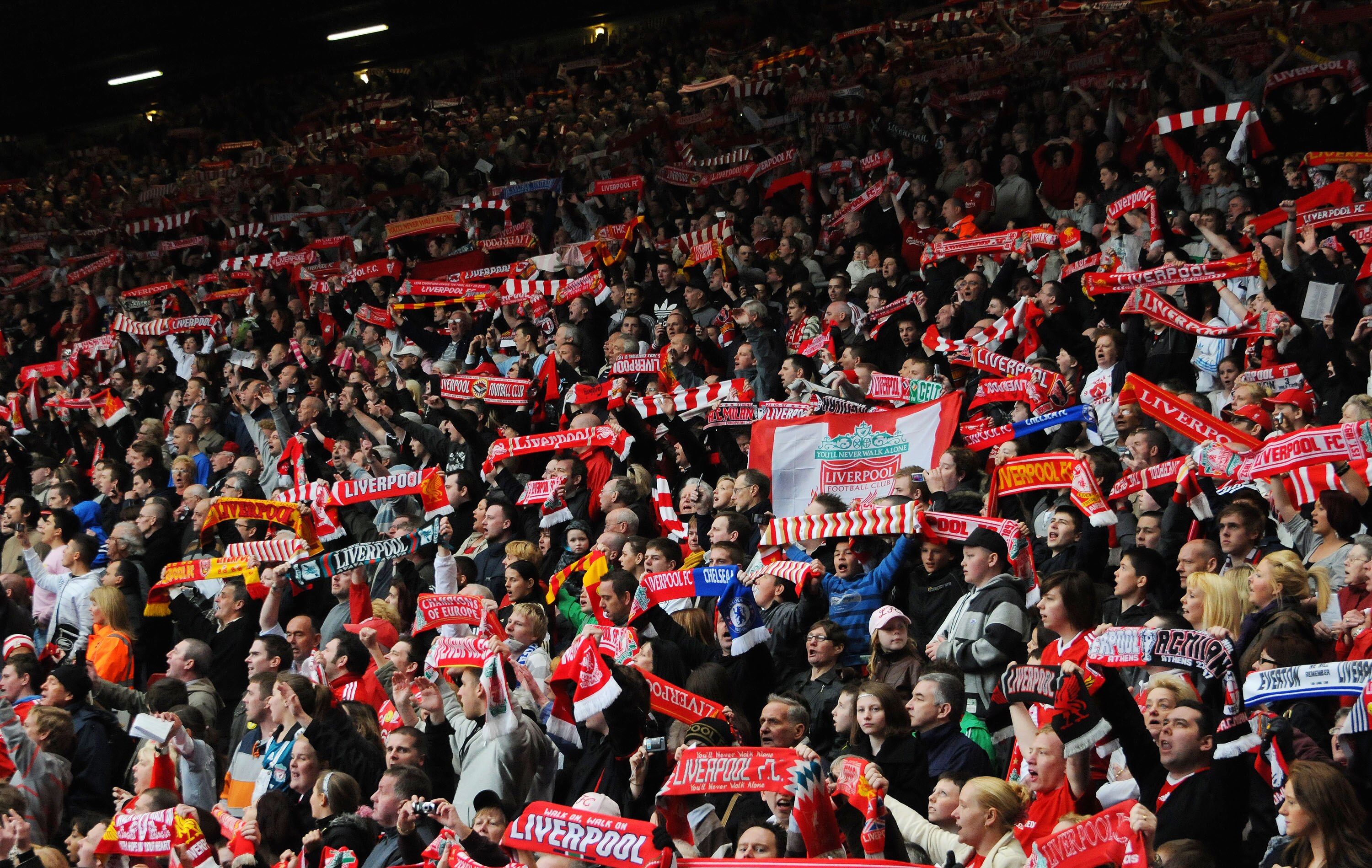 LIVERPOOL, ENGLAND - APRIL 15:  Liverpool supporters in the Kop attend the the Hillsborough memorial service at Anfield on April 15, 2009, Liverpool, England. Thousands of fans, friends and relatives descended on Liverpool's Anfield Stadium to mark the 20