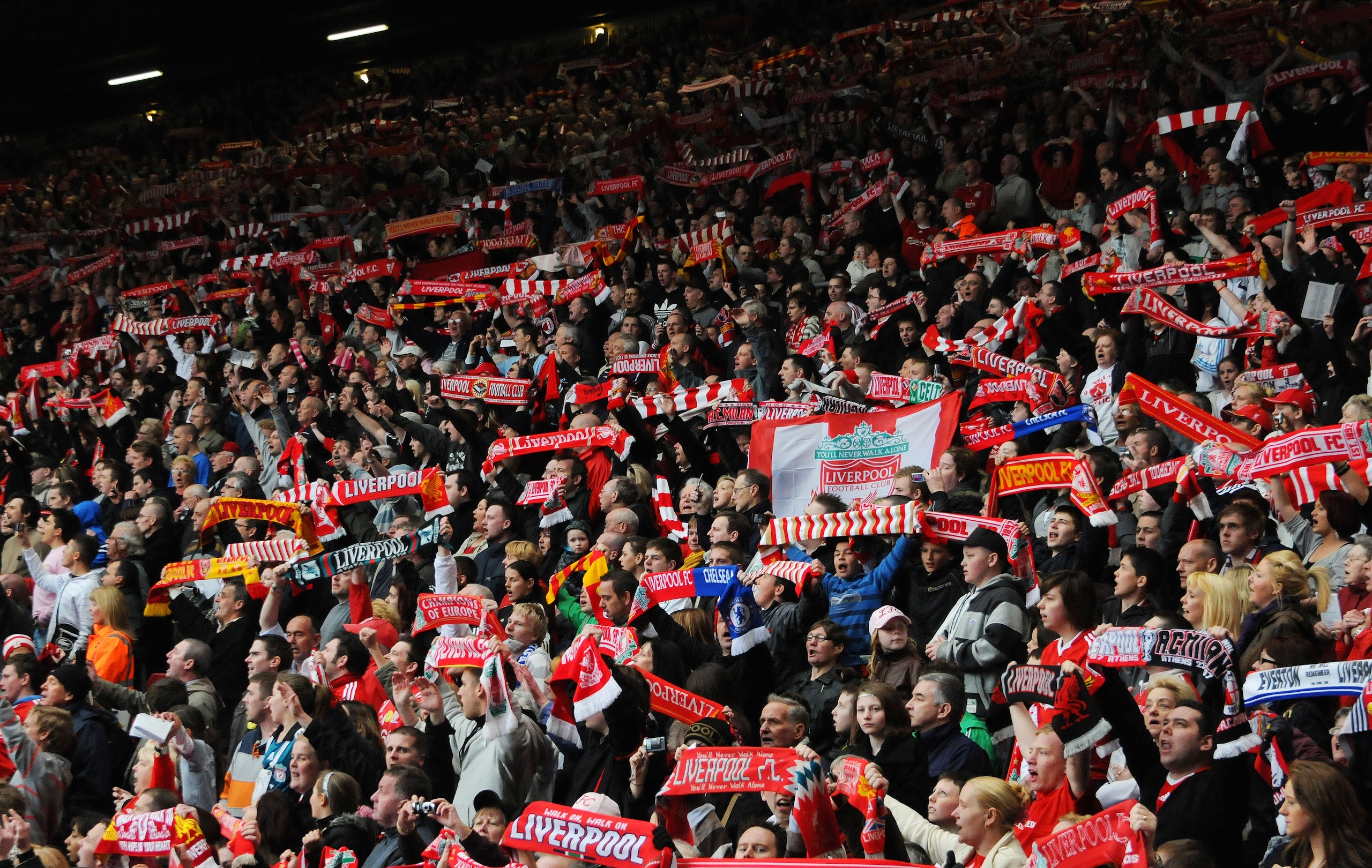 LIVERPOOL, ENGLAND - APRIL 15:  Liverpool supporters in the Kop attend the the Hillsborough memorial service at Anfield on April 15, 2009, Liverpool, England. Thousands of fans, friends and relatives descended on Liverpool's Anfield Stadium to mark the 20