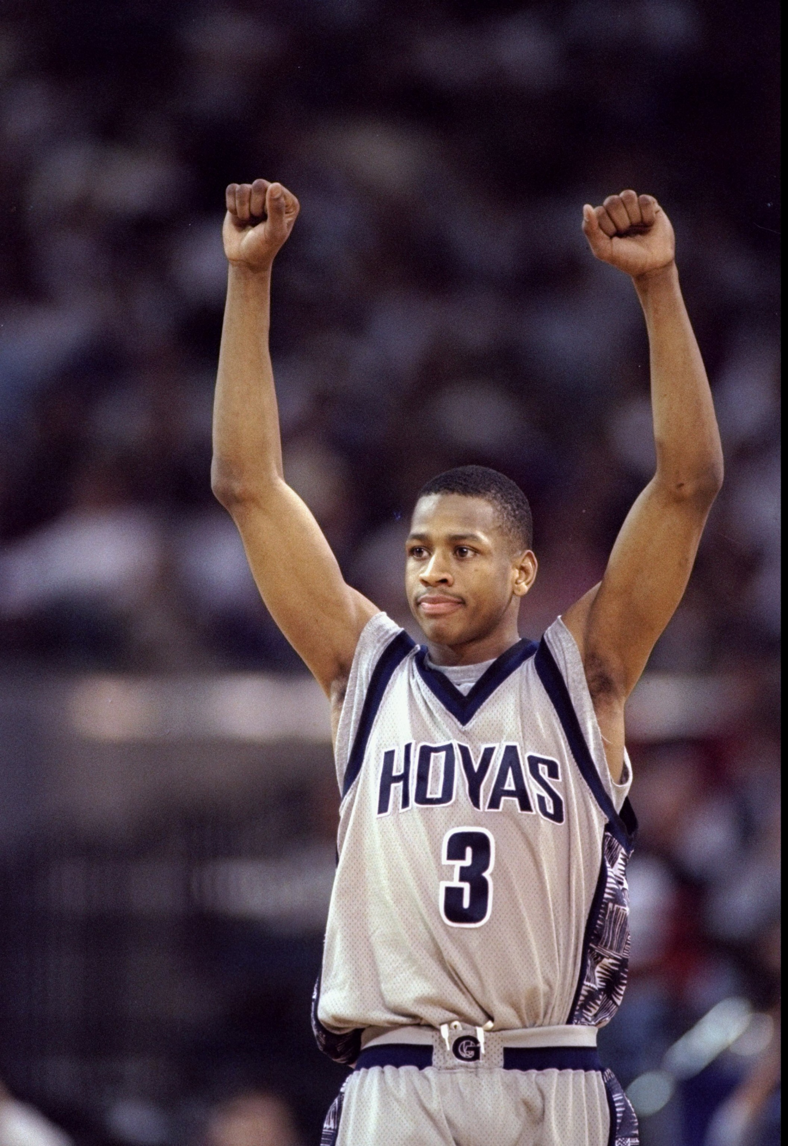21 Mar 1996:  Guard Allen Iverson of the Georgetown Hoyas celebrates during a game against the Texas Tech Red Raiders.  Georgetown won the game, 98-90. Mandatory Credit: Al Bello/Allsport