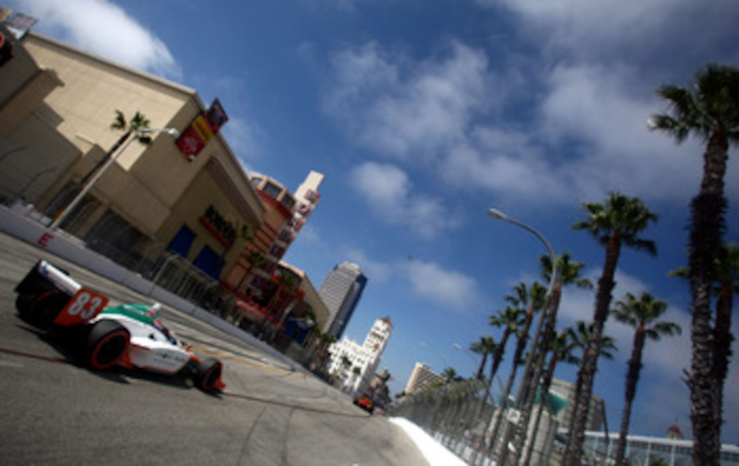LONG BEACH, CA - APRIL 17:  Charlie Kimball, driver of the #83 Novo Nordisk Chip Ganassi Racing Dallara Honda, drives during the IndyCar Series Toyota Grand Prix of Long Beach on April 17, 2011 in Long Beach, California. (Photo by Donald Miralle/Getty Ima