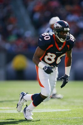 DENVER - SEPTEMBER 17:  Wide receiver Rod Smith #80 of the Denver Broncos runs downfield during the game against the Kansas City Chiefs at INVESCO Field at Mile High on September 17, 2006 in Denver, Colorado. The Broncos defeated the Chiefs 9-6 in overtim