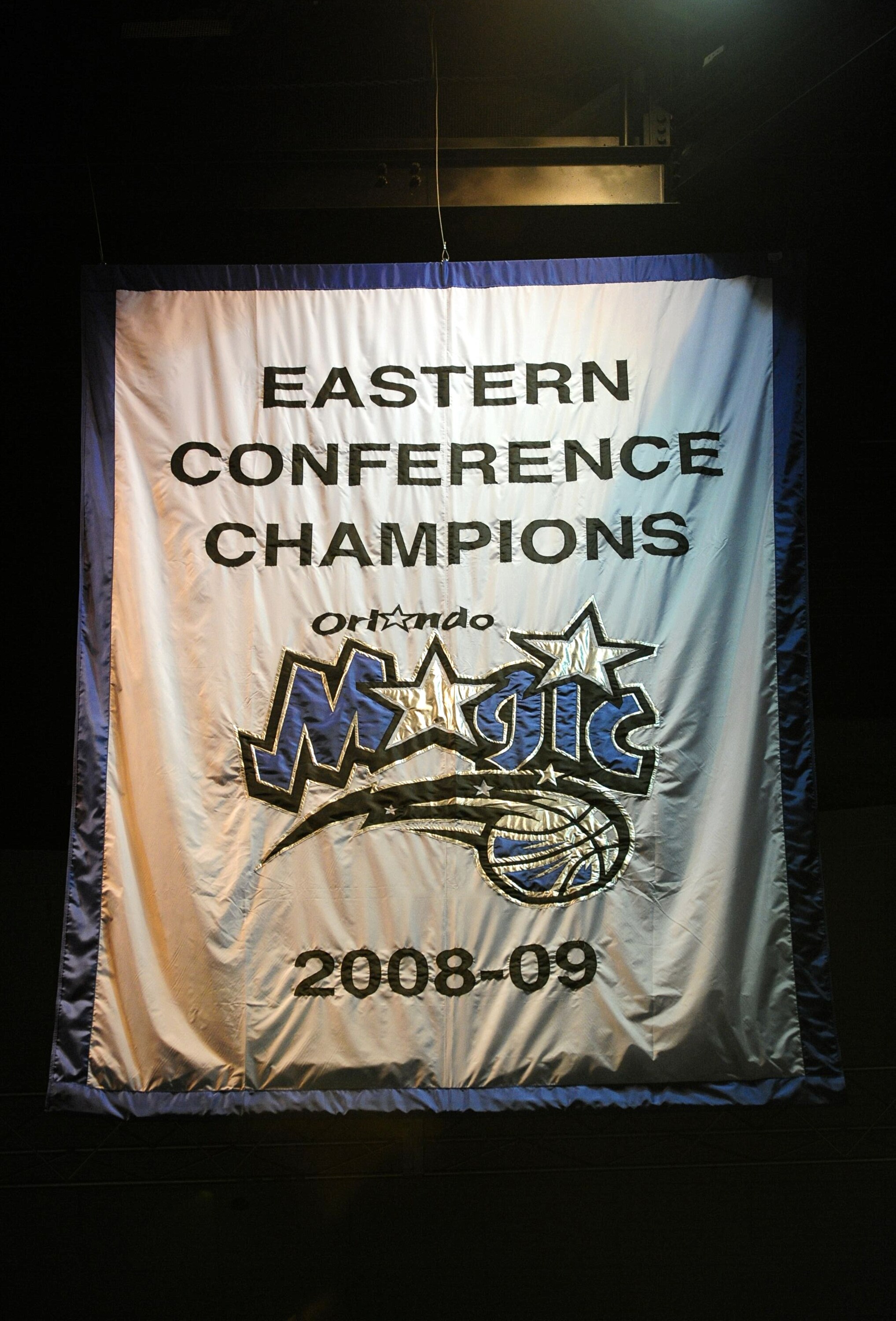ORLANDO, FL - OCTOBER 28:  The Eastern Conference Champion banner is raised before the game between the Philadelphia 76ers and the Orlando Magic on October 28, 2009 at Amway Arena in Orlando, Florida.  NOTE TO USER: User expressly acknowledges and agrees