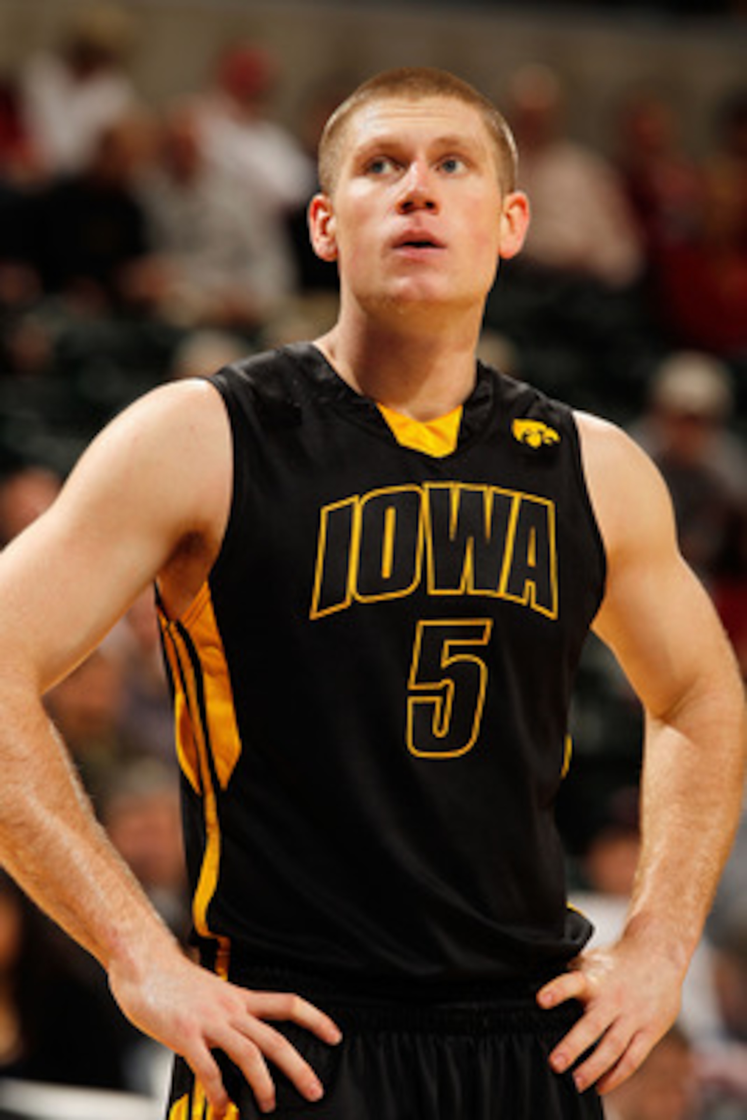INDIANAPOLIS - MARCH 11:  Guard Matt Gatens #5 of the Iowa Hawkeyes stands on the court during the game against the Michigan Wolverines in the first round of the Big Ten Men's Basketball Tournament at Conseco Fieldhouse on March 11, 2010 in Indianapolis,