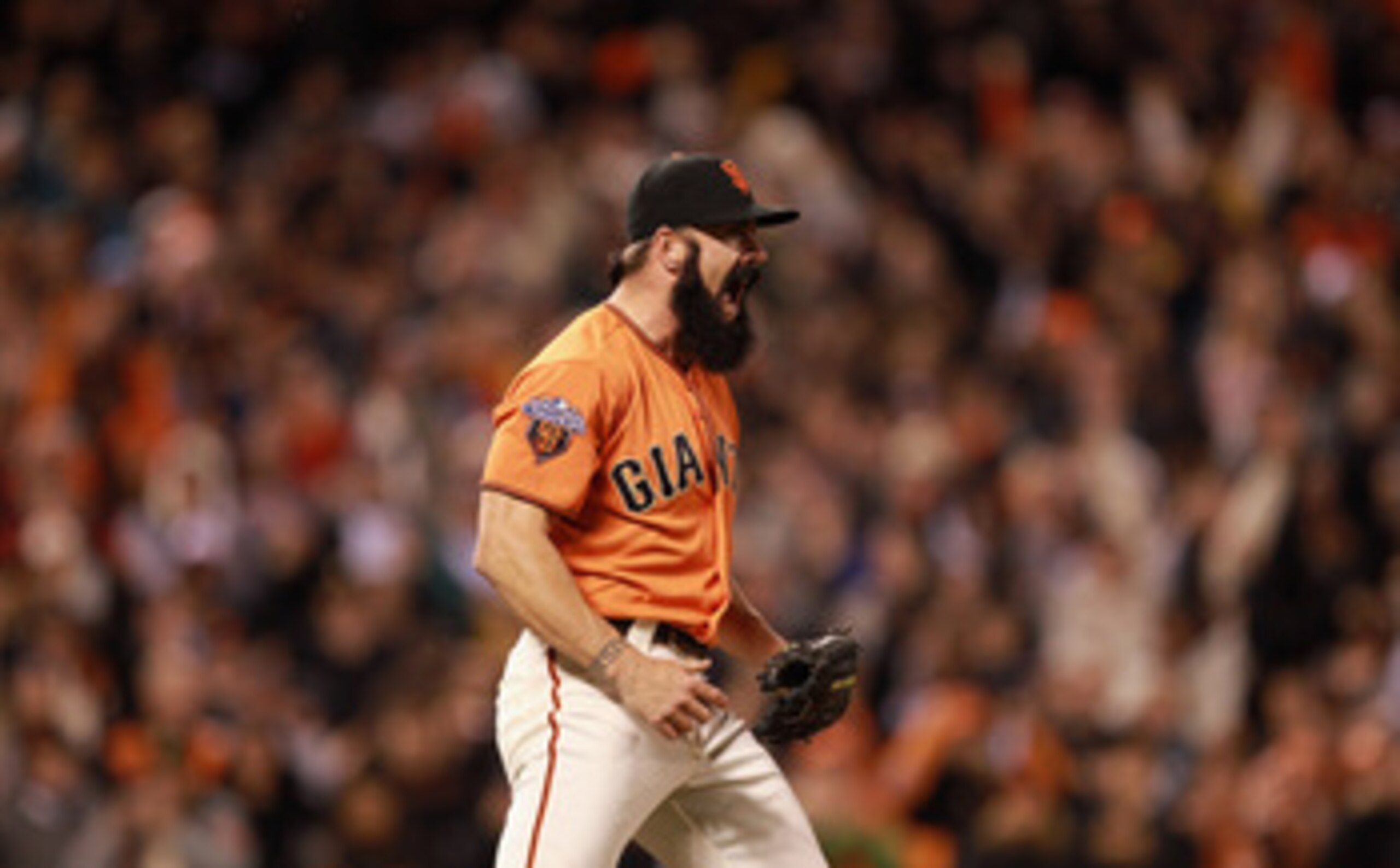 SAN FRANCISCO, CA - JUNE 03:  Brian Wilson #38 of the San Francisco Giants reacts after he struck out Seth Smith #7 of the Colorado Rockies to end the game at AT&T Park on June 3, 2011 in San Francisco, California.  (Photo by Ezra Shaw/Getty Images)