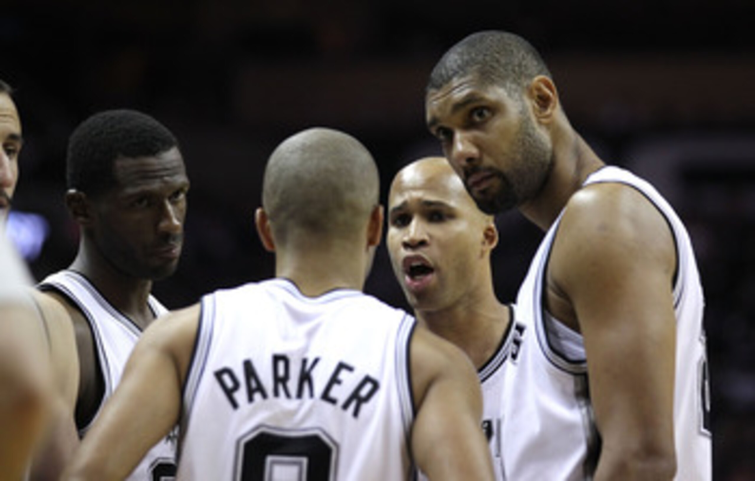SAN ANTONIO, TX - APRIL 27:  Tim Duncan #21 of the San Antionio Spurs looks on with his teammates against the Memphis Grizzlies in Game Five of the Western Conference Quarterfinals in the 2011 NBA Playoffs on April 27, 2011 at AT&T Center in San Antonio, 