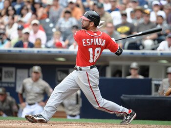 SAN DIEGO, CA - JUNE 12: Danny Espinosa #18 of the Washington Nationals hits a sacrifice fly during the ninth inning of a baseball game against the San Diego Padres at Petco Park on June 12, 2011 in San Diego, California. The Nationals won 2-0. (Photo by SAN DIEGO, CA - JUNE 12: Danny Espinosa #18 of the Washington Nationals hits a sacrifice fly during the ninth inning of a baseball game against the San Diego Padres at Petco Park on June 12, 2011 in San Diego, California. The Nationals won 2-0. (Photo by