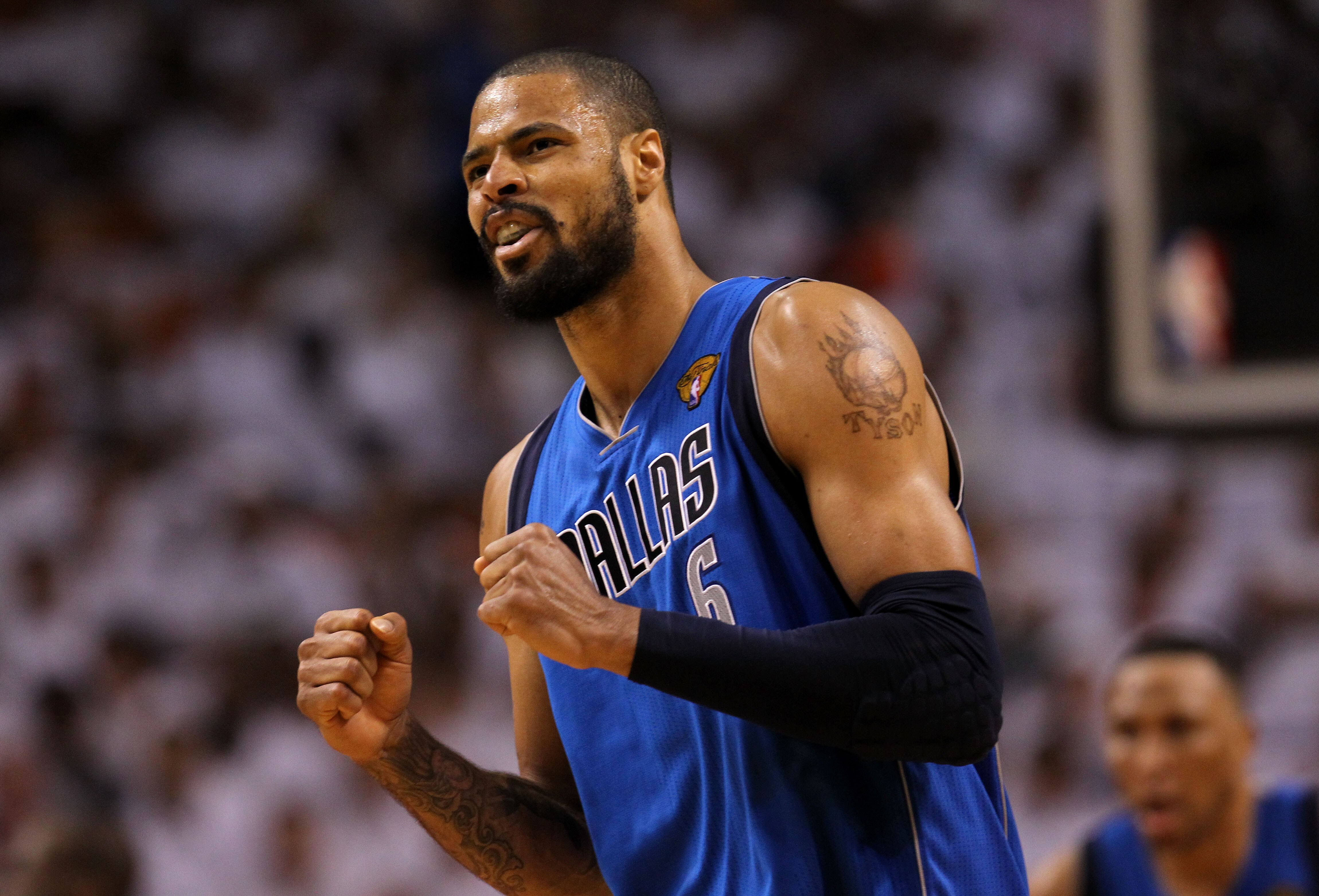 MIAMI, FL - JUNE 12:  Tyson Chandler #6 of the Dallas Mavericks reacts against the Miami Heat in the third quarter of Game Six of the 2011 NBA Finals at American Airlines Arena on June 12, 2011 in Miami, Florida. NOTE TO USER: User expressly acknowledges