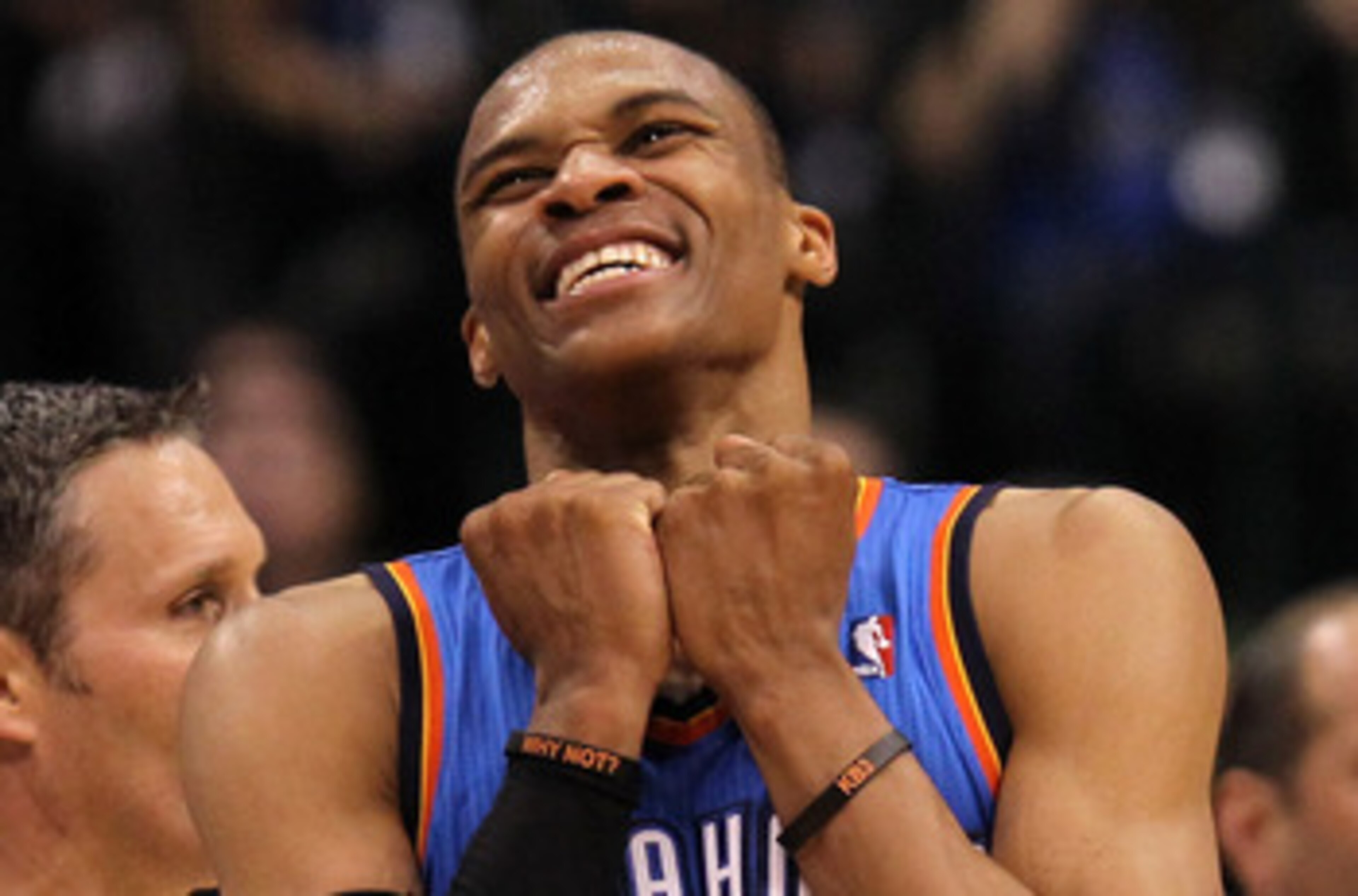 DALLAS, TX - MAY 25:  Russell Westbrook #0 of the Oklahoma City Thunder reacts in the fourth quarter while taking on the Dallas Mavericks in Game Five of the Western Conference Finals during the 2011 NBA Playoffs at American Airlines Center on May 25, 201