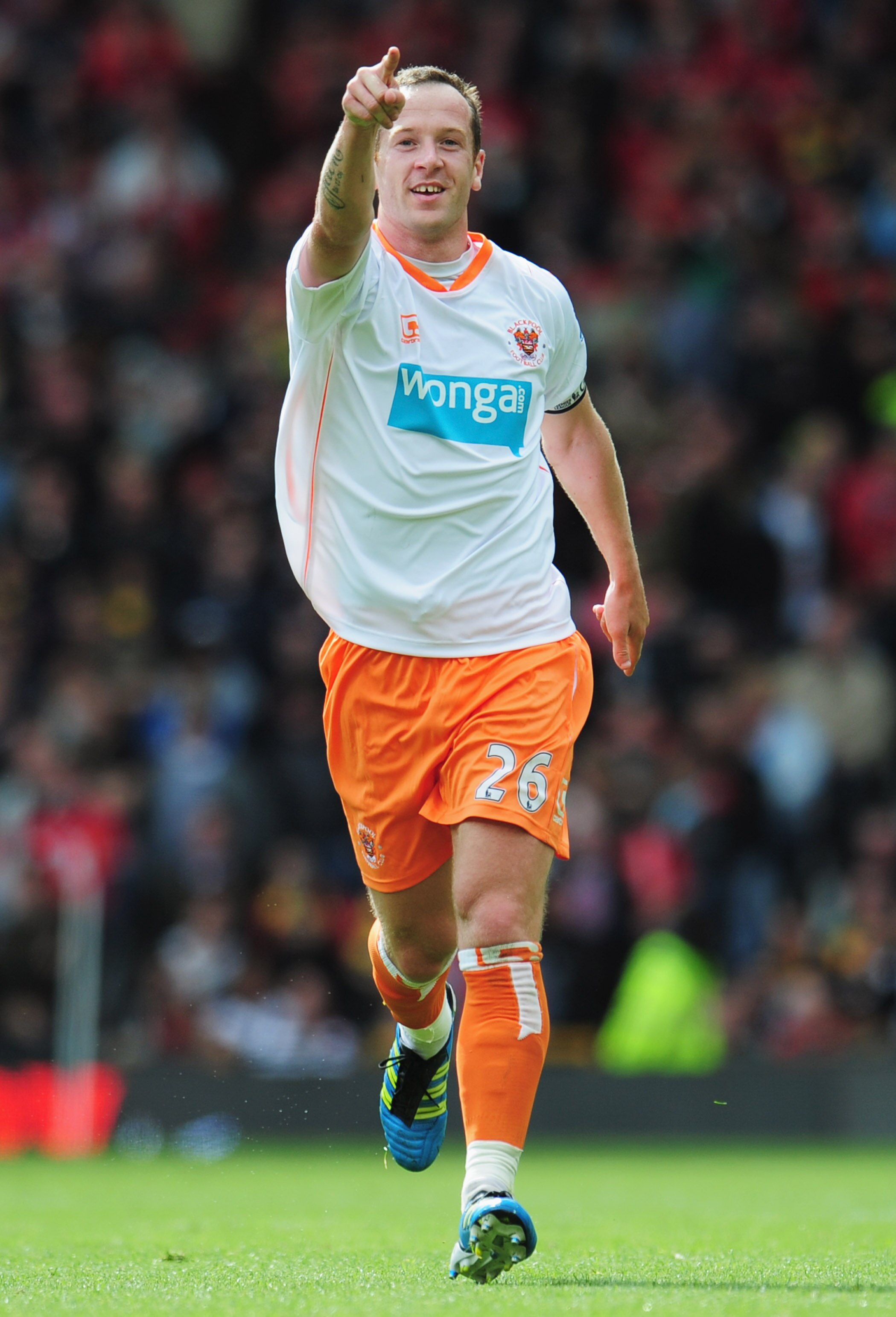 MANCHESTER, ENGLAND - MAY 22: Charlie Adam of Blackpool celebrates as scores their first goal from a free kick during the Barclays Premier League match between Manchester United and Blackpool at Old Trafford on May 22, 2011 in Manchester, England. (Phot MANCHESTER, ENGLAND - MAY 22: Charlie Adam of Blackpool celebrates as scores their first goal from a free kick during the Barclays Premier League match between Manchester United and Blackpool at Old Trafford on May 22, 2011 in Manchester, England. (Phot