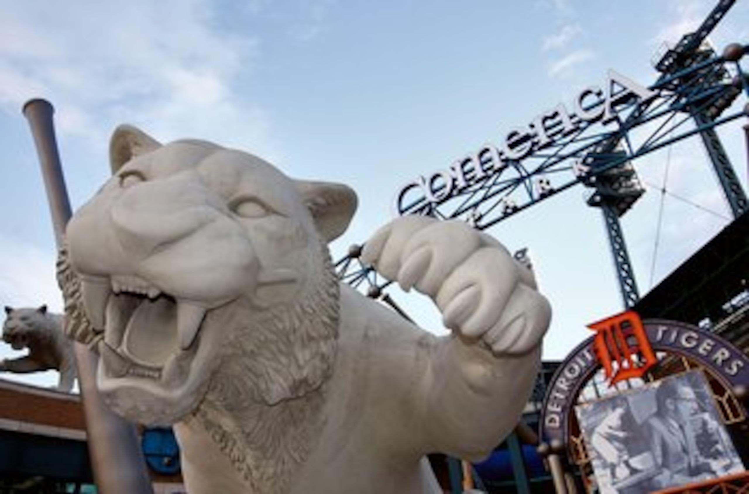 DETROIT - OCTOBER 21:  A tiger statue is seen outside of Comerica Park before Game One of 2006 World Series between the Detroit Tigers and the St. Louis Cardinals October 21, 2006 at Comerica Park in Detroit Michigan.  (Photo by Jamie Squire/Getty Images)