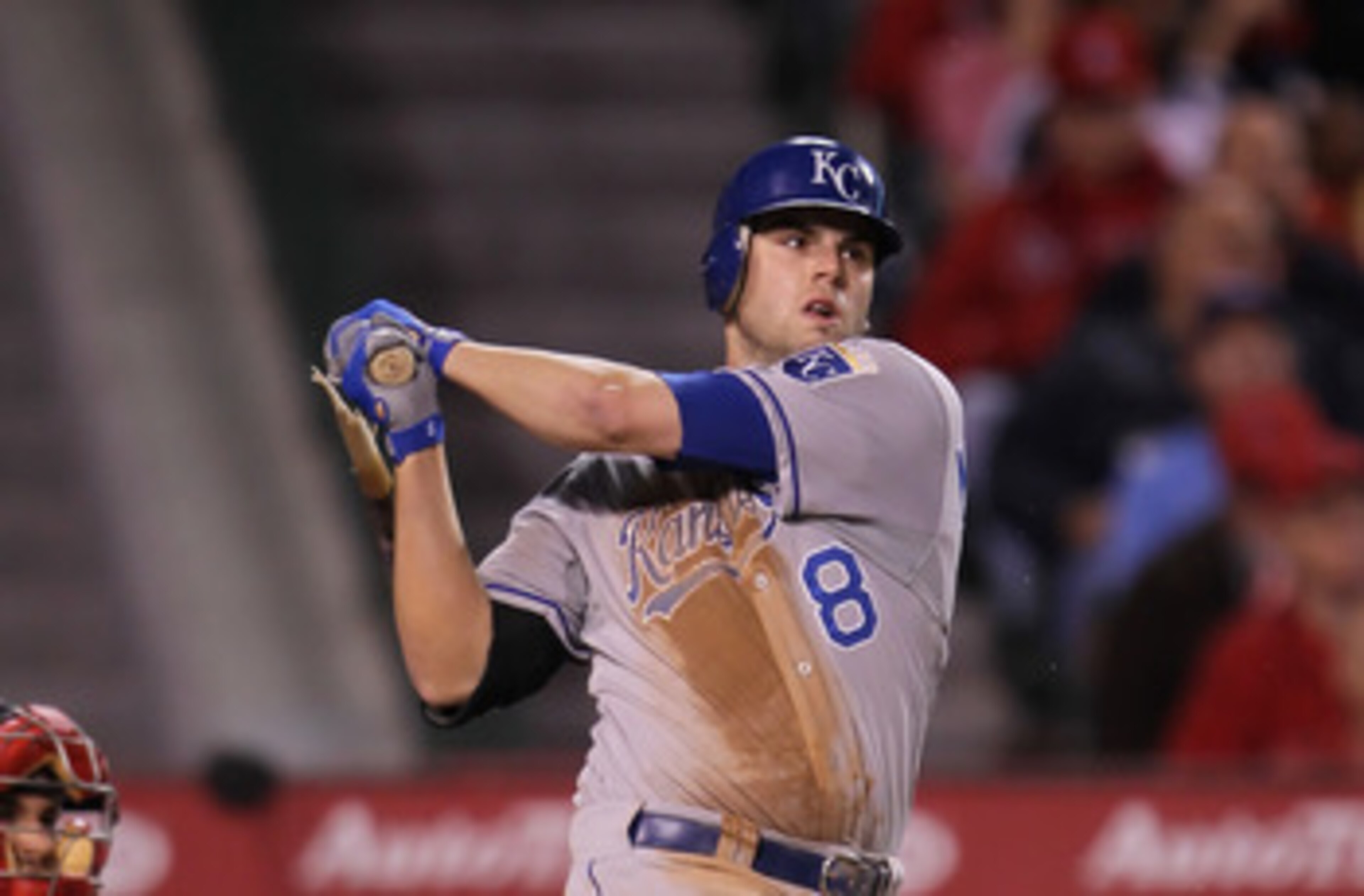 ANAHEIM, CA - JUNE 10:  Mike Moustakas #8 of the Kansas City Royals breaks his bat after hitting a single against the Los Angeles Angels of Anaheim in the sixth inning at Angel Stadium of Anaheim on June 10, 2011 in Anaheim, California.  (Photo by Jeff Gr