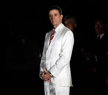 LOUISVILLE, KY - JANUARY 11:  Rick Pitino the Head Coach of the Louisville Cardinals is pictured during the the Big East Conference game against the Villanova Wildcats at Freedom Hall on January 11, 2010 in Louisville, Kentucky.  Villanova won 92-84  (Pho