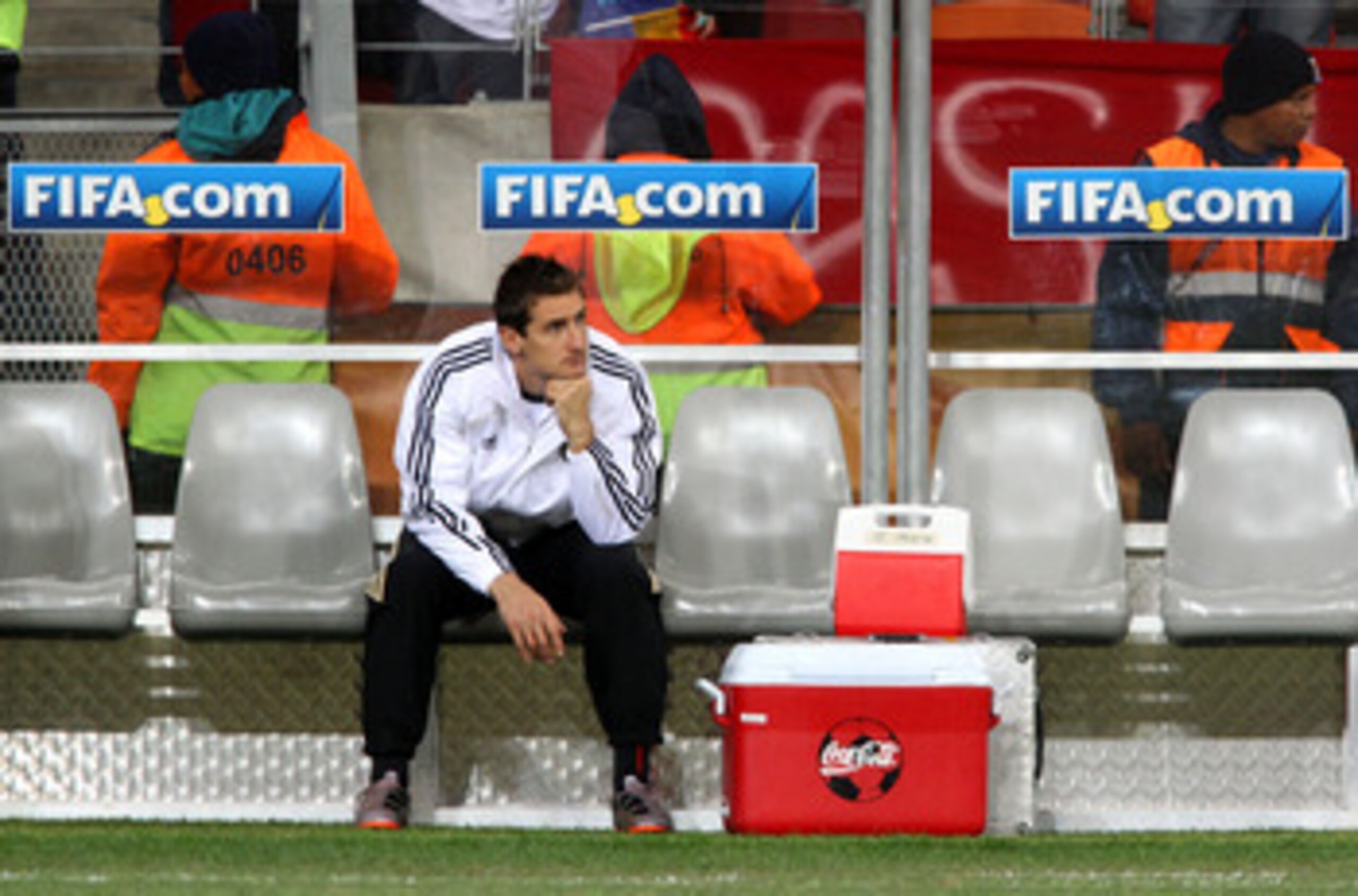 PORT ELIZABETH, SOUTH AFRICA - JULY 10: Miroslav Klose of Germany sits on the substitutes bench prior to the 2010 FIFA World Cup South Africa Third Place Play-off match between Uruguay and Germany at The Nelson Mandela Bay Stadium on July 10, 2010 in Port