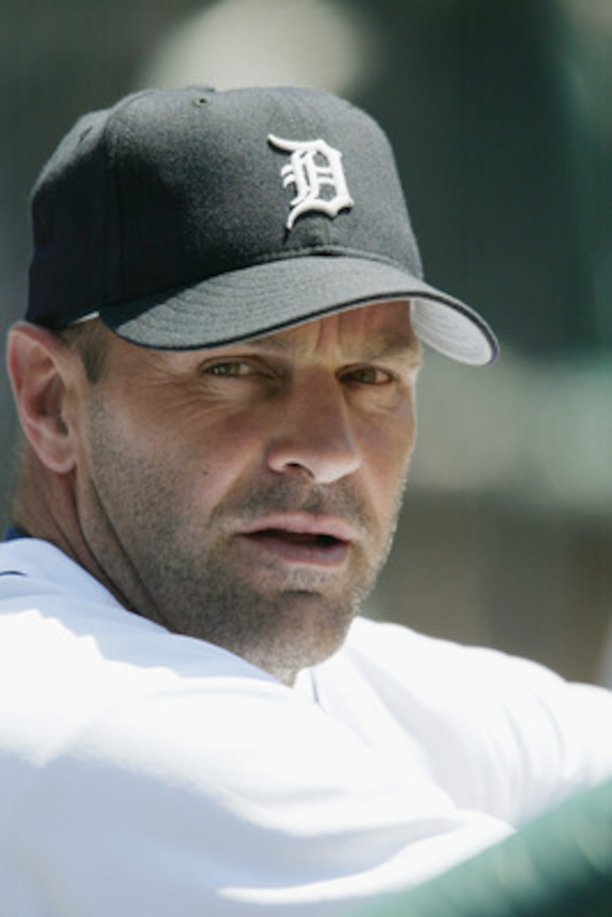 DETROIT - JUNE 19:  Bench coach Kirk Gibson of the Detroit Tigers looks on during the American League game against the Cleveland Indians at Comerica Park on June 19, 2003 in Detroit, Michigan.  The Indians defeated the Tigers 10-3.  (Photo by Tom Pidgeon/