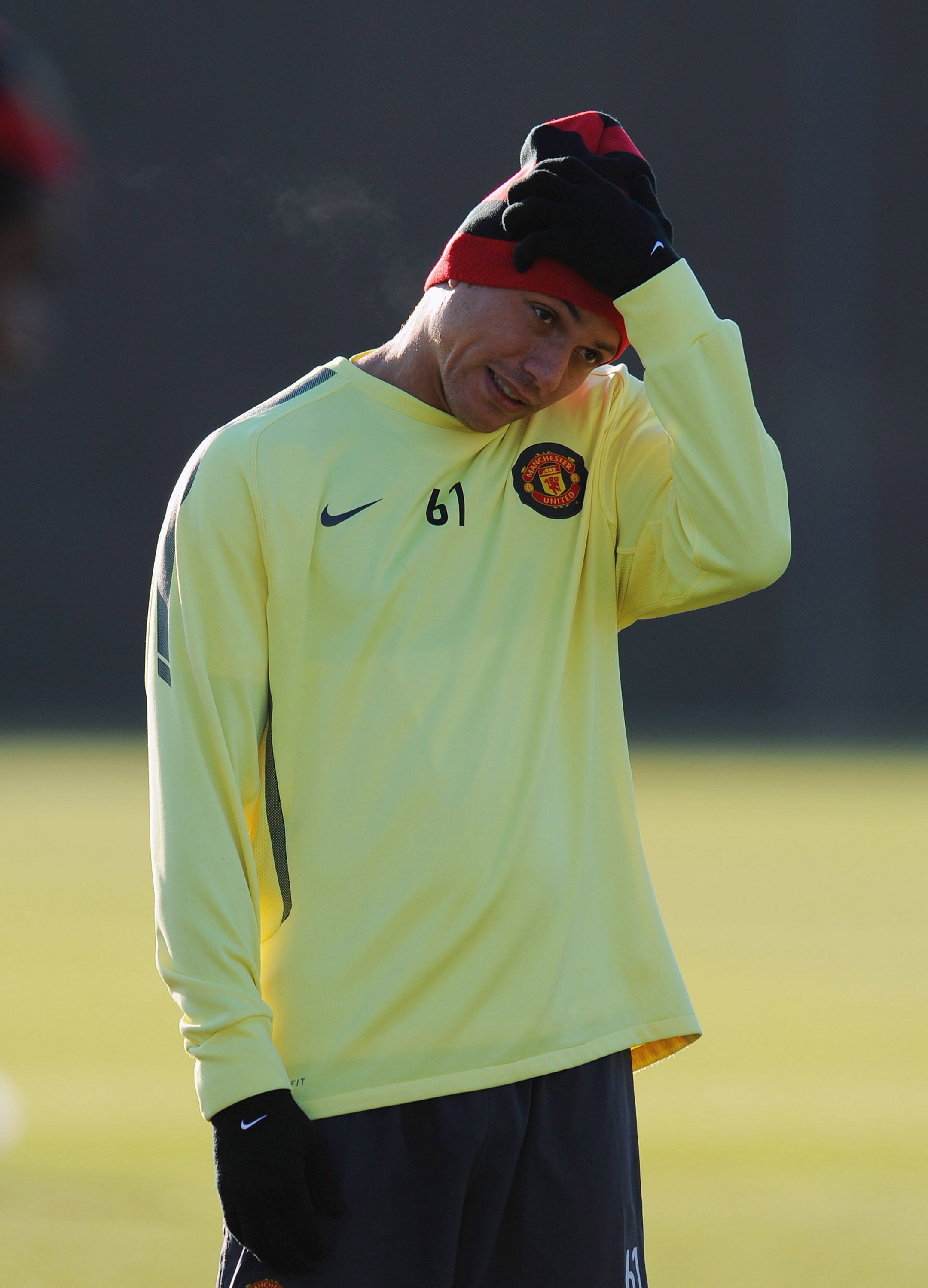 MANCHESTER - NOVEMBER 23:  Wes Brown of Manchester United looks on during a training session ahead of the UEFA Champions League Group C match against Rangers FC at Carrington Training Ground on November 23, 2010 in Manchester, England. (Photo by Clint Hug