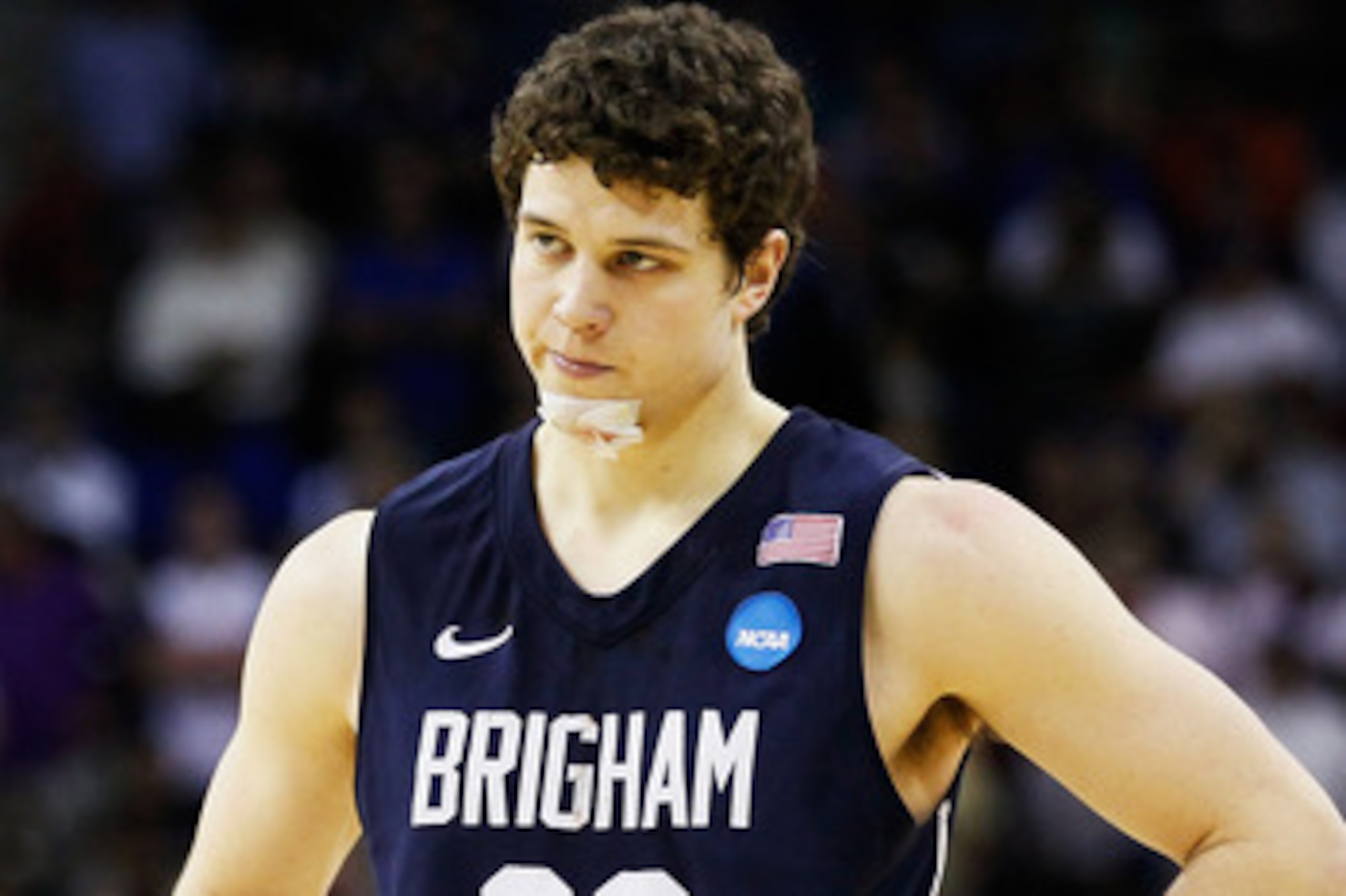 NEW ORLEANS, LA - MARCH 24:  Jimmer Fredette #32 of the Brigham Young Cougars reacts during their 74 to 83 loss to the Florida Gators in the Southeast regional of the 2011 NCAA men's basketball tournament at New Orleans Arena on March 24, 2011 in New Orle