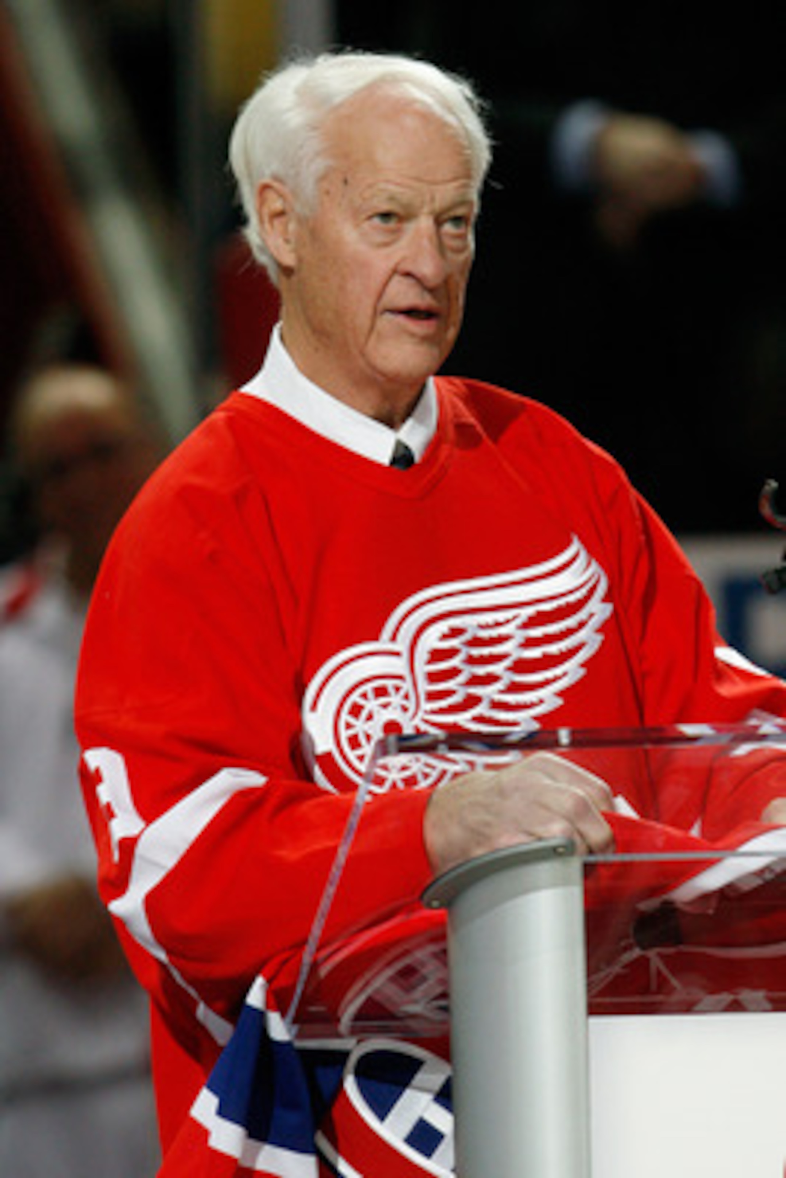 MONTREAL- DECEMBER 4:  Gordie Howe speaks to fans during the Centennial Celebration ceremonies prior to the NHL game between the Montreal Canadiens and Boston Bruins on December 4, 2009 at the Bell Centre in Montreal, Quebec, Canada.  The Canadiens defeat