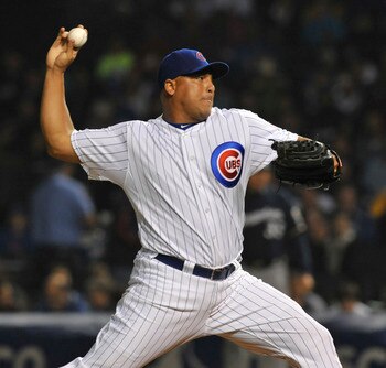 CHICAGO, IL - JUNE 15:  Carlos Zambrano # 38 of the Chicago Cubs pitches against the Milwaukee Brewers on June 15, 2011 at Wrigley Field in Chicago, Illinois.  (Photo by David Banks/Getty Images)