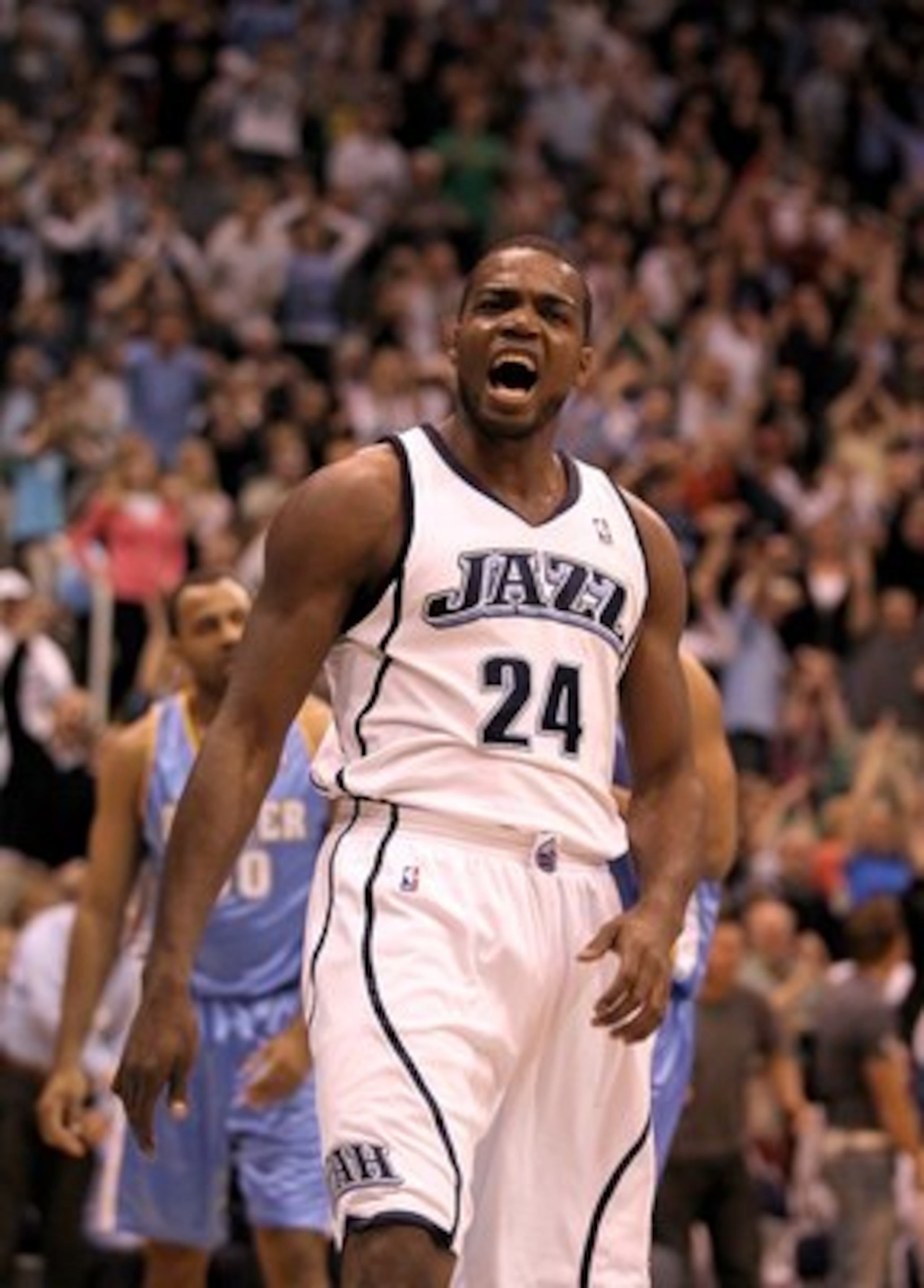 SALT LAKE CITY - APRIL 30:  Paul Millsap #24 of the Utah Jazz celebrates after making a dunk during their game against the Denver Nuggets during Game Six of the Western Conference Quarterfinals of the 2010 NBA Playoffs at EnergySolutions Arena on April 30