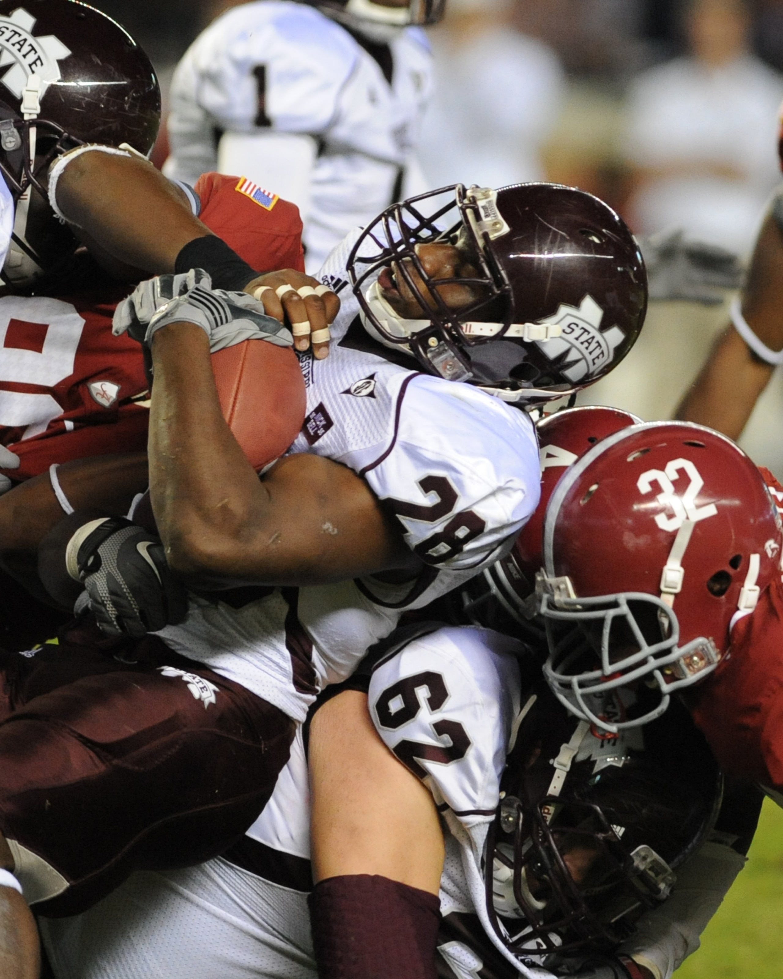 TUSCALOOSA, AL - NOVEMBER 13: Running back Vick Ballard #28  of the Mississippi State Bulldogs rushes upfield against the Alabama Crimson Tide November 13, 2010 at Bryant-Denny Stadium in Tuscaloosa, Alabama.  (Photo by Al Messerschmidt/Getty Images)