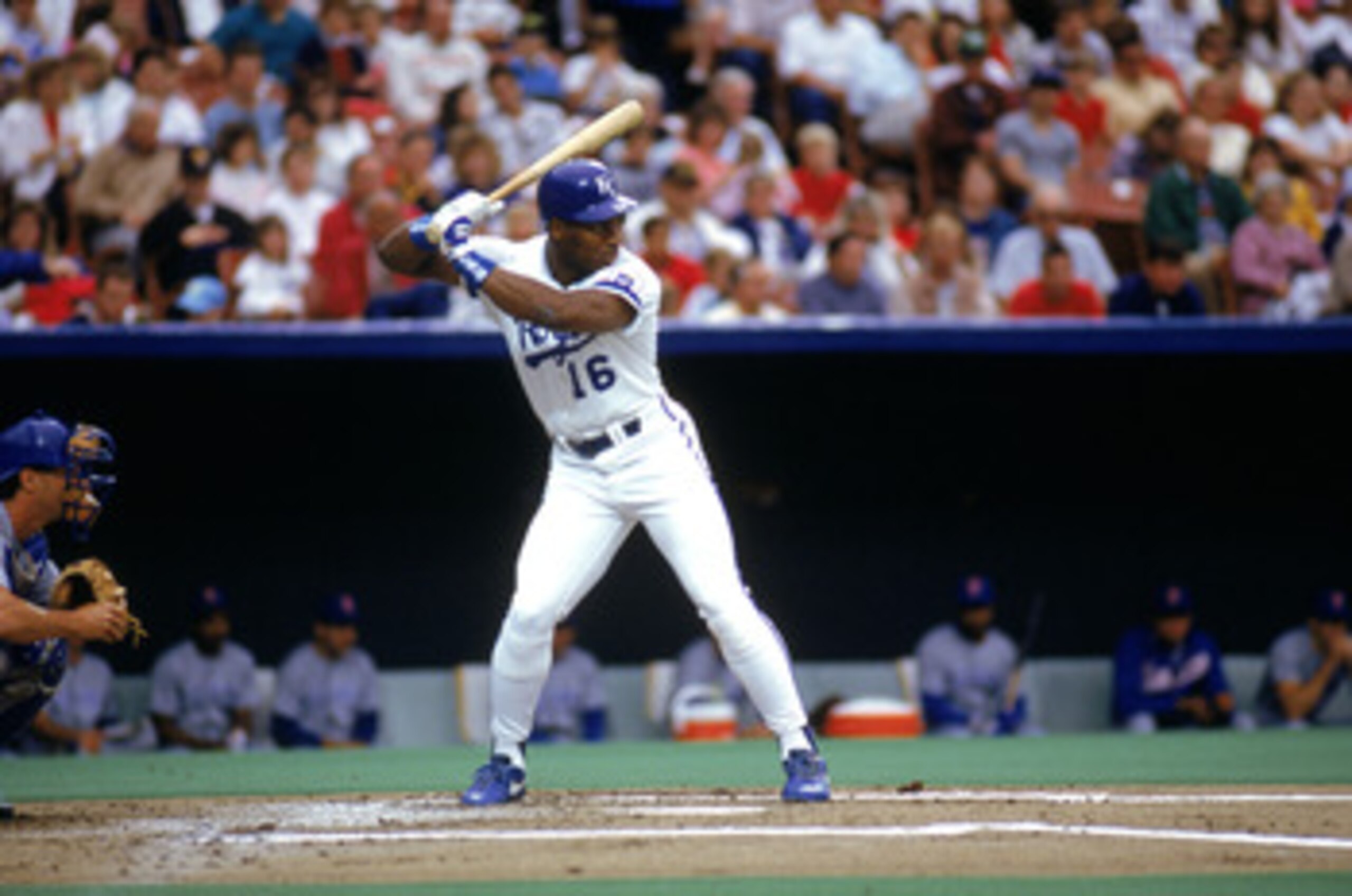 KANSAS CITY, MO - 1990:  Bo Jackson #16 of the Kansas City Royals stands ready at the plate during a game in the 1990 season at Royals Stadium in Kansas City, Missouri.  (Photo by Jonathan Daniel/Getty Images)