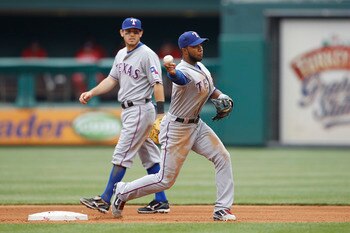 PHILADELPHIA, PA - MAY 22: Elvis Andrus #1 of the Texas Rangers throws to turn a double play against the Philadelphia Phillies at Citizens Bank Park on May 22, 2011 in Philadelphia, Pennsylvania. The Rangers won 2-0. (Photo by Joe Robbins/Getty Images)