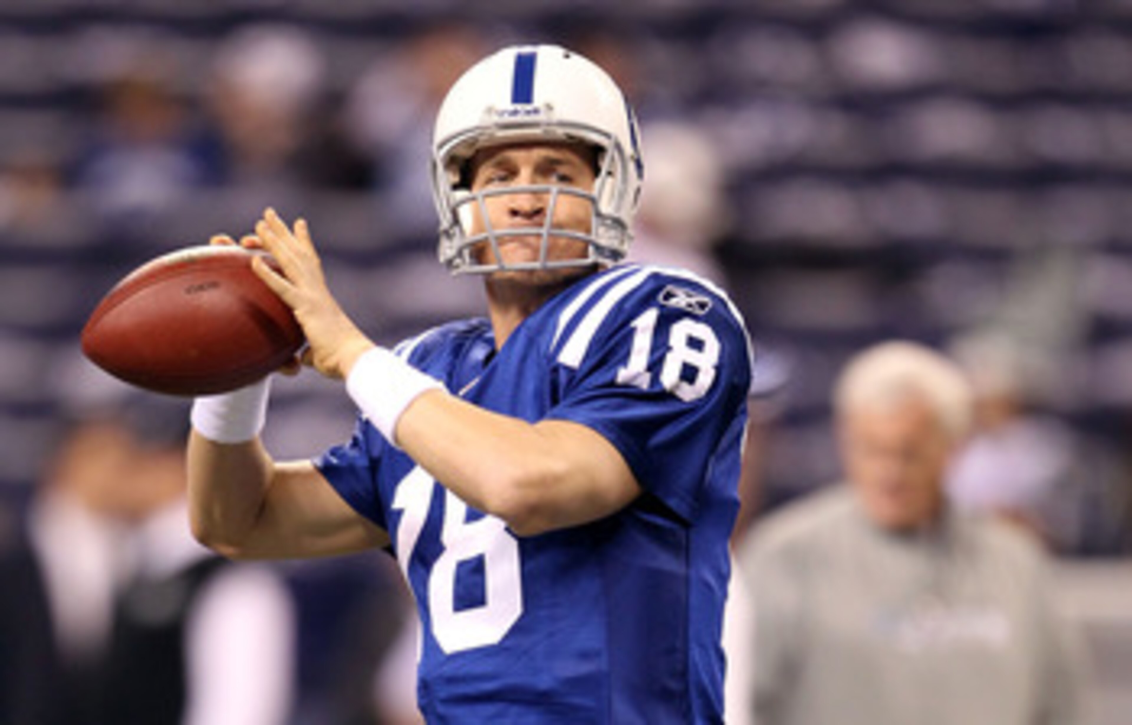 INDIANAPOLIS, IN - JANUARY 08:  Peyton Manning #18 of the Indianapolis Colts warms up against the New York Jets during their 2011 AFC wild card playoff game at Lucas Oil Stadium on January 8, 2011 in Indianapolis, Indiana.  (Photo by Andy Lyons/Getty Imag