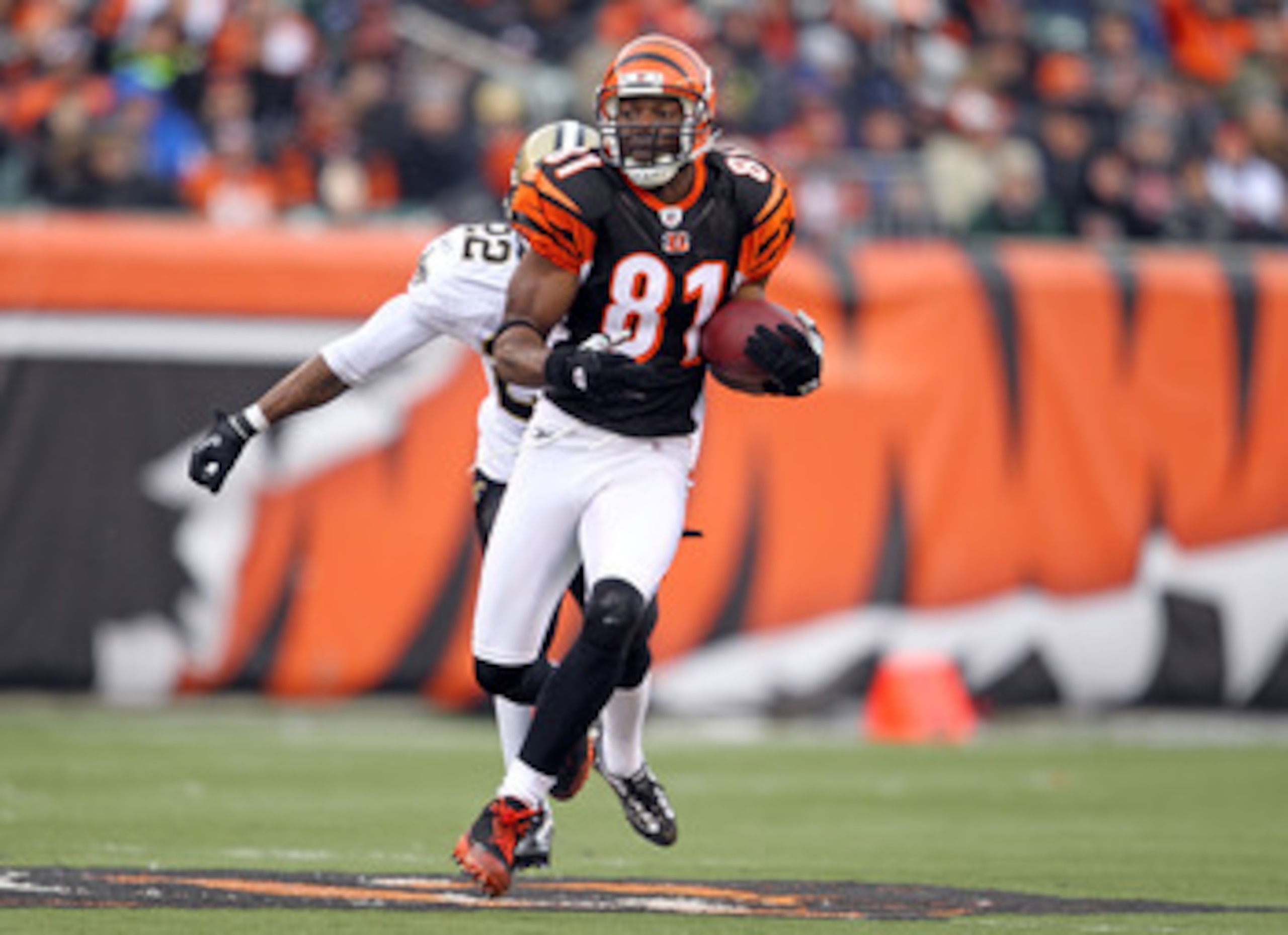 CINCINNATI, OH - DECEMBER 05: Terrell Owens #81 of the Cincinnati Bengals runs with the ball during the NFL game against the New Orleans Saints at Paul Brown Stadium on December 5, 2010 in Cincinnati, Ohio.  The Saints won 34-30.  (Photo by Andy Lyons/Get