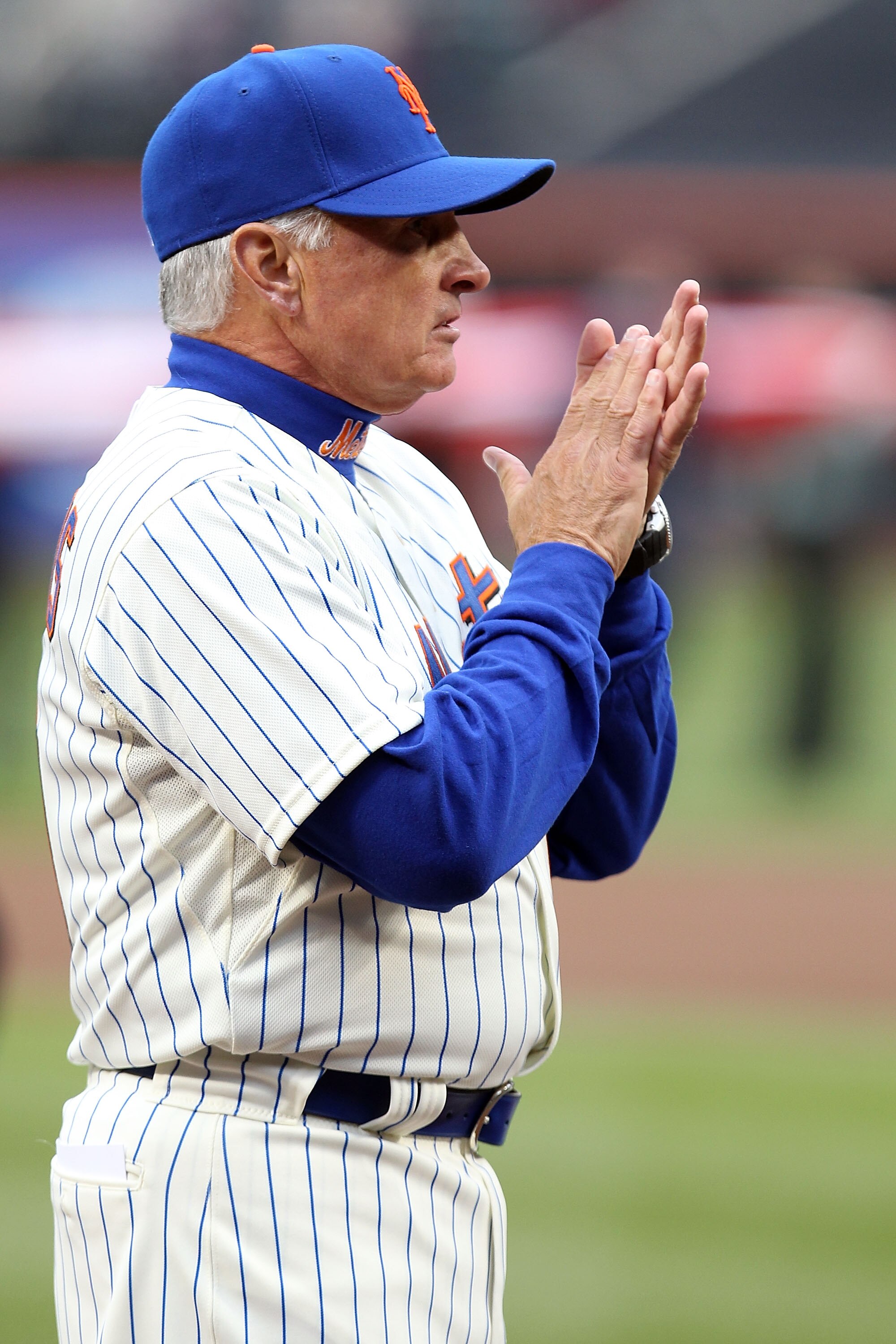 NEW YORK, NY - APRIL 08:  Manager Terry Collins #10 of the New York Mets looks on during introductions against the Washington Nationals during the Mets' Home Opener at Citi Field on April 8, 2011 in the Flushing neighborhood of Queens in New York City.  (
