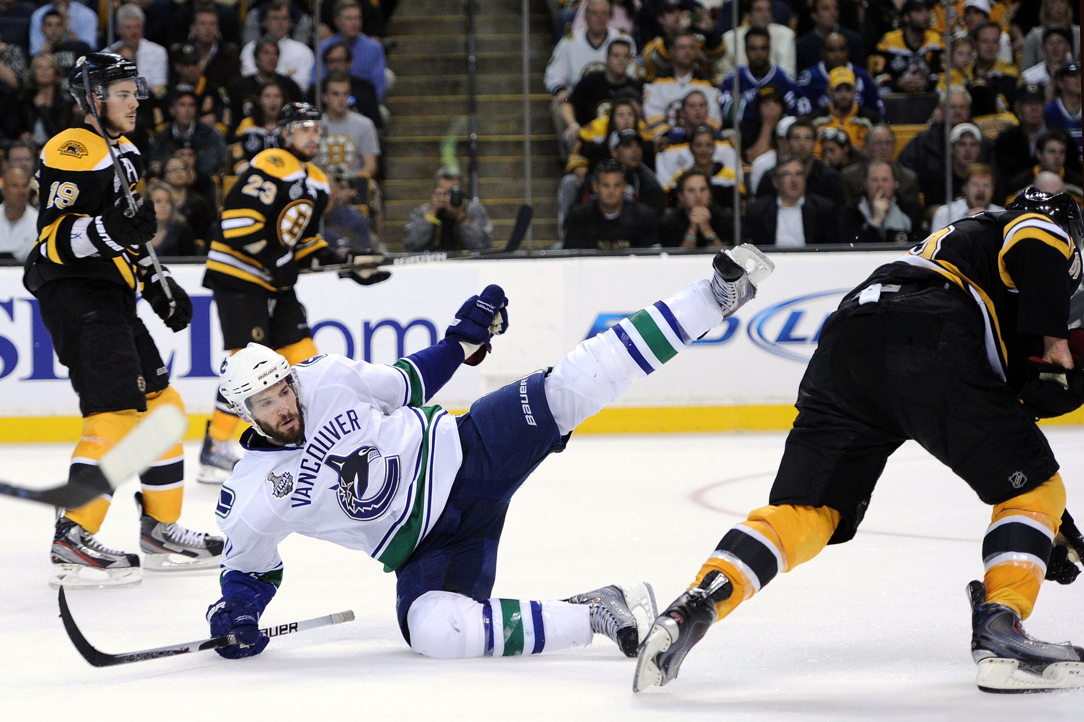 BOSTON, MA - JUNE 13: Ryan Kesler #17 of the Vancouver Canucks falls to the ice against the Boston Bruins during Game Six of the 2011 NHL Stanley Cup Final at TD Garden on June 13, 2011 in Boston, Massachusetts. (Photo by Harry How/Getty Images) BOSTON, MA - JUNE 13: Ryan Kesler #17 of the Vancouver Canucks falls to the ice against the Boston Bruins during Game Six of the 2011 NHL Stanley Cup Final at TD Garden on June 13, 2011 in Boston, Massachusetts. (Photo by Harry How/Getty Images)