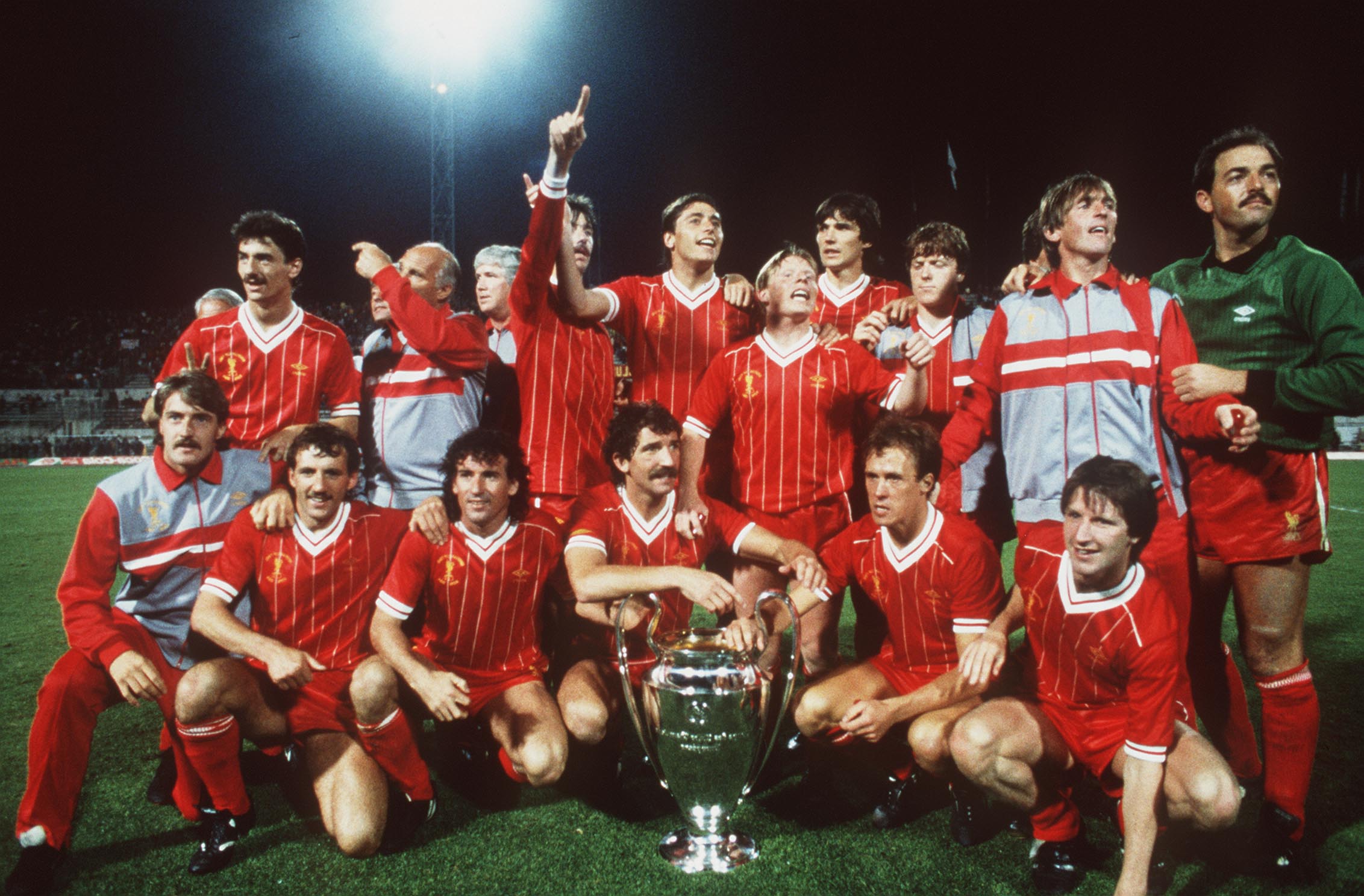 1984:  The Liverpool Team celebrate after winning the 1984 Europeam Cup Final between AS Roma v Liverool held at the Olympic Stadium, Rome, Italy. Mandatory Credit: David Cannon/ALLSPORT