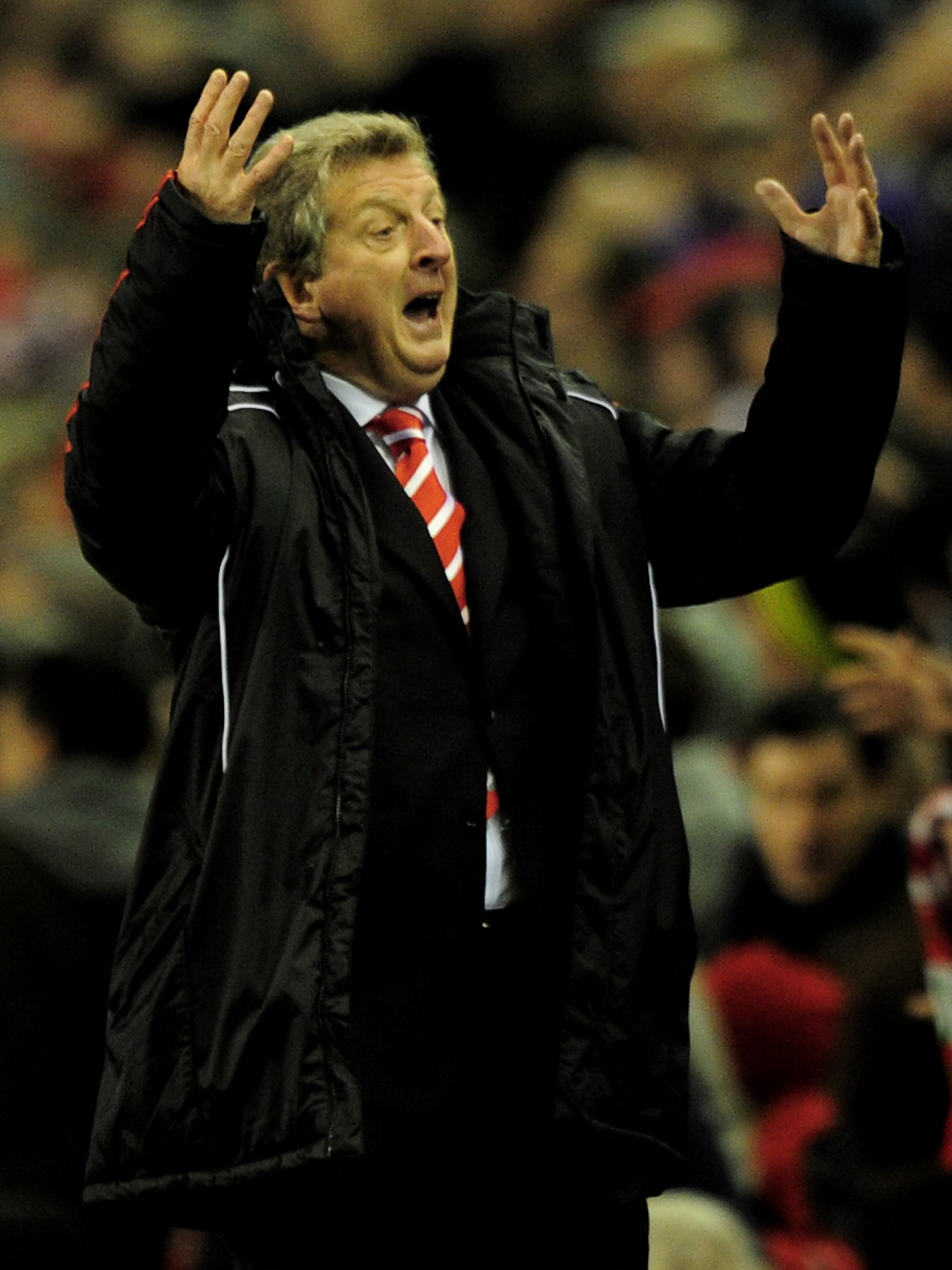 LIVERPOOL, ENGLAND - NOVEMBER 07:   Liverpool Manager Roy Hodgson reacts to a near miss during the Barclays Premier League match between Liverpool and Chelsea at Anfield on November 7, 2010 in Liverpool, England. (Photo by Shaun Botterill/Getty Images)