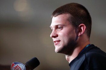 INDIANAPOLIS, IN - FEBRUARY 25: Washington Huskies quarterback Jake Locker answers questions during a media session at the 2011 NFL Scouting Combine at Lucas Oil Stadium on February 25, 2011 in Indianapolis, Indiana. (Photo by Joe Robbins/Getty Images)
